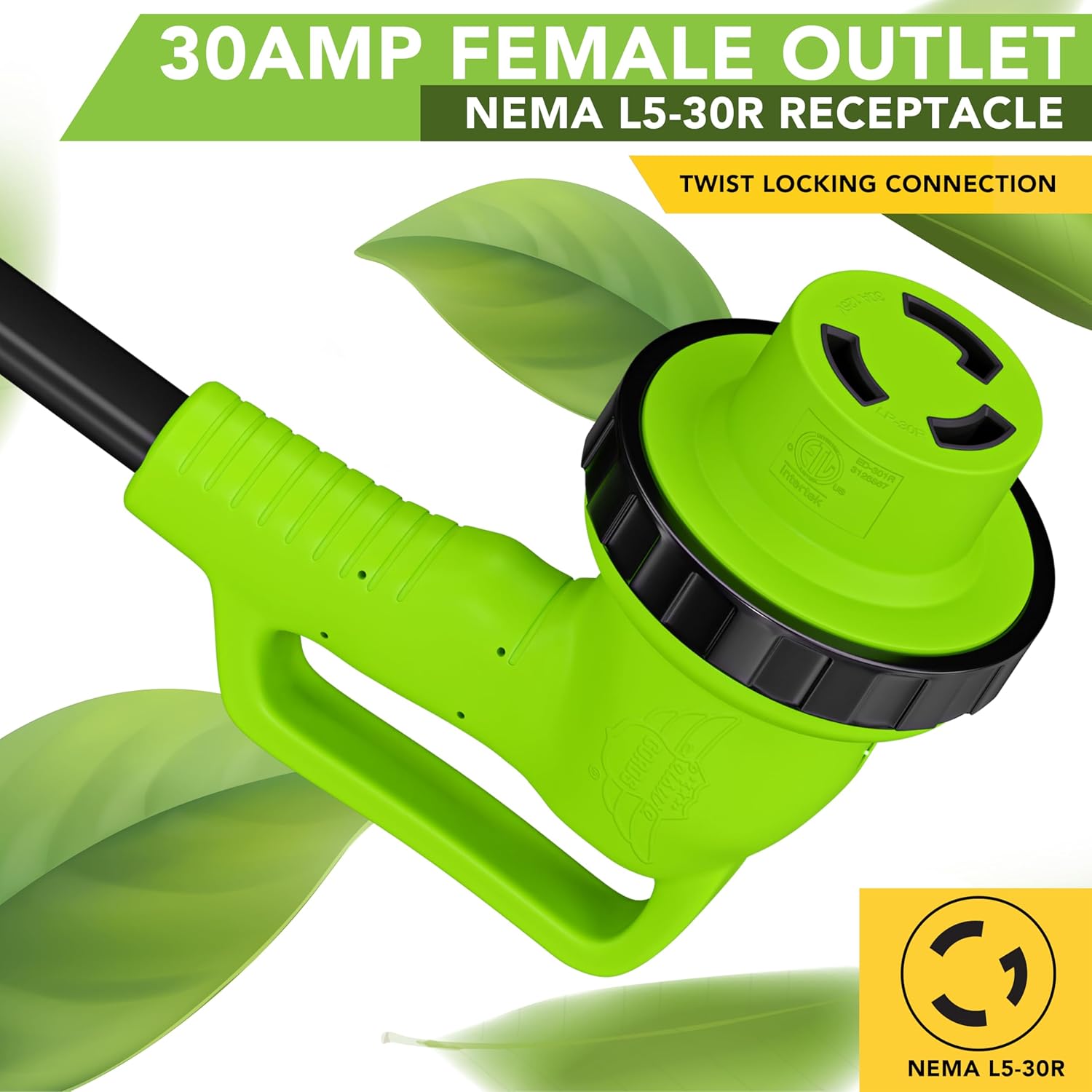 90 Degree 10FT Power Extension Cord with 30 AMP Male Standard / 30 AMP Female 90 Degree Locking Adapter Flat Cable (10FT)