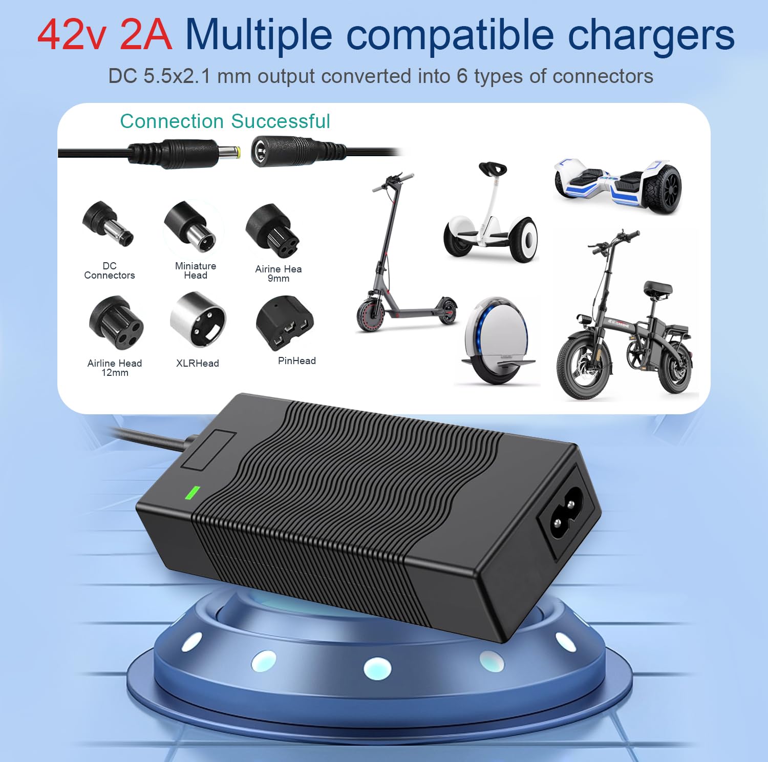 Chargeur de Trotinette Électrique 42V 2A (avec 6 Connecteurs), Compatible avec Hoverboard,Ninebot,Xiaomi, Vélo électrique, Adaptateur d'alimentation pour Batterie Lithium 36V