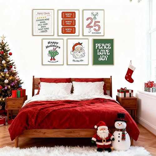 Miniatura 7 de WINDVALE Impresiones artísticas retro de Navidad para pared, pósteres navideños vintage con Papá Noel, entradas para el polo norte y citas festivas,