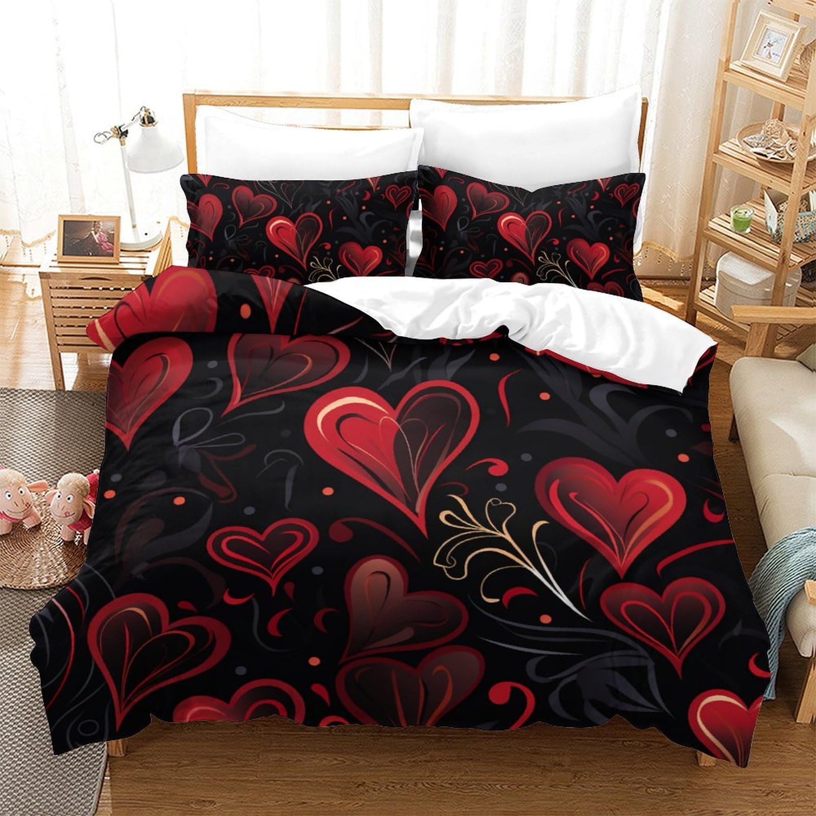 Housse de couette 200x200cm en microfibre douce motif amour avec taie d'oreiller