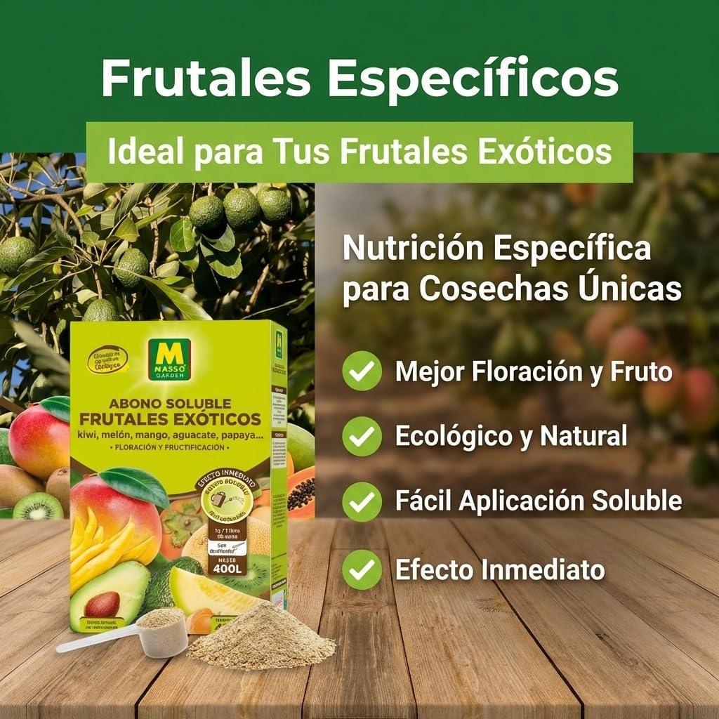 Abono Frutales Exóticos Soluble Ecológico 400 g | Fertilizante NPK 8-7-6 + Magnesio para Aguacate, Kiwi, Mango, Papaya, Kaki y Physalis | Máxima Floración y Frutos de Calidad ECO | Nexum Market