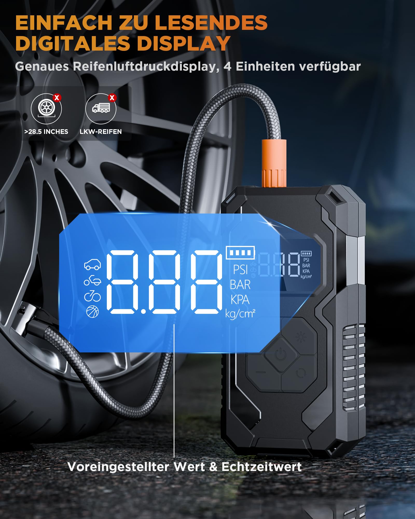 Elektrische Luftpumpe 150PSI Tire Inflator Portable, Akku Kompressor mit Manometer, Fahrradpumpe Elektrisch wiederaufladbar Reifenfüller für Auto, Fahrrad, Motorrad, Bälle, Schwarz