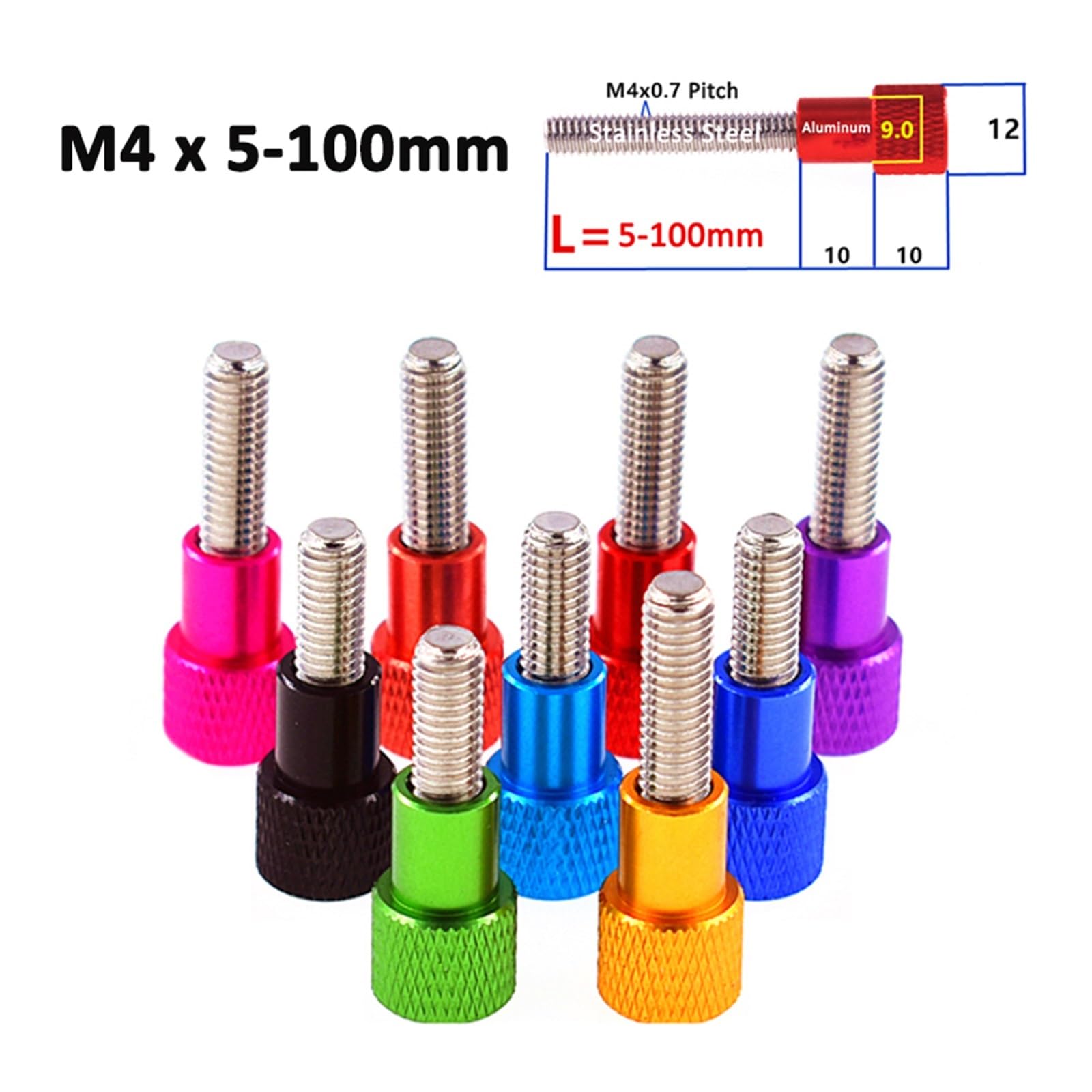 5pc M4x5/8/10/12/15/18/20/25/30-100mm Colorful Aluminium Alloy Stainless Knurled Thumb Screw Hand Grip Knob Step Bolt Anodized(Black,M4x15mm)