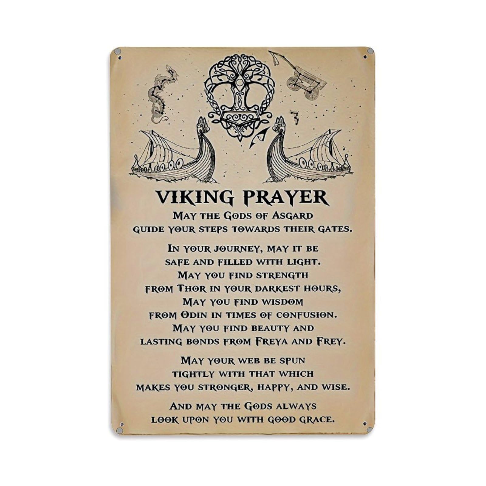 Viking Prayer With Ships And Symbols Retro Metal Tin Sign, Vintage Decor Art Poster for Bar, Home, Man Cave, Kitchen, Laundry Room Gift 8x12Inch