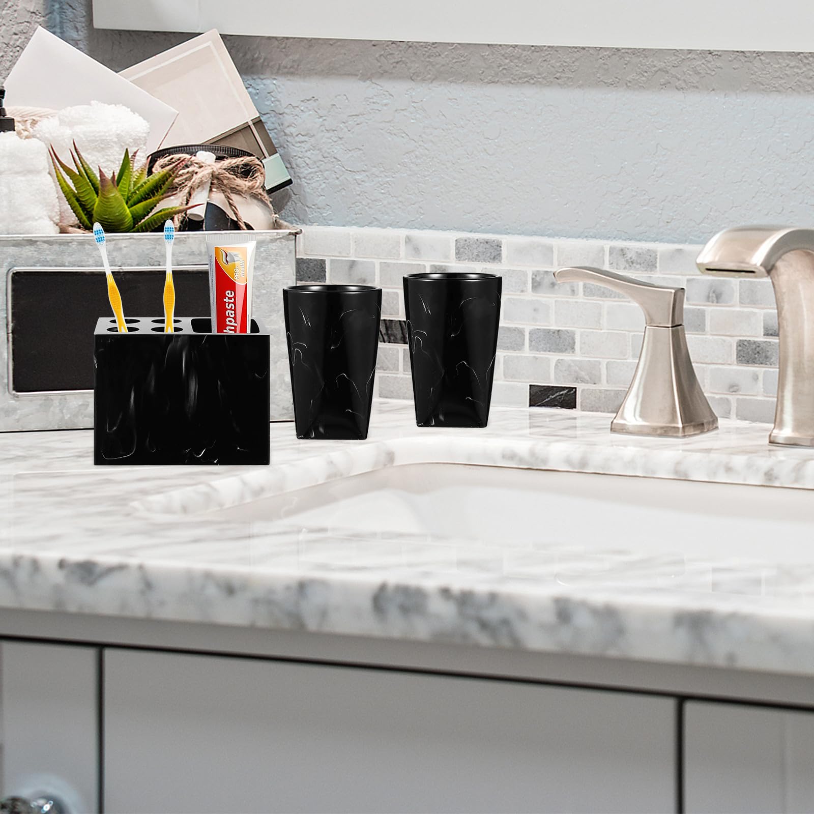 PRETYZOOM Conjunto de Accesorios para Baño Estilo Mármol Dispensador de Jabón, Soporte para Cepillos de Dientes y Botella de Mano, Material Resina Fácil de Limpiar y Diseño Cómodo