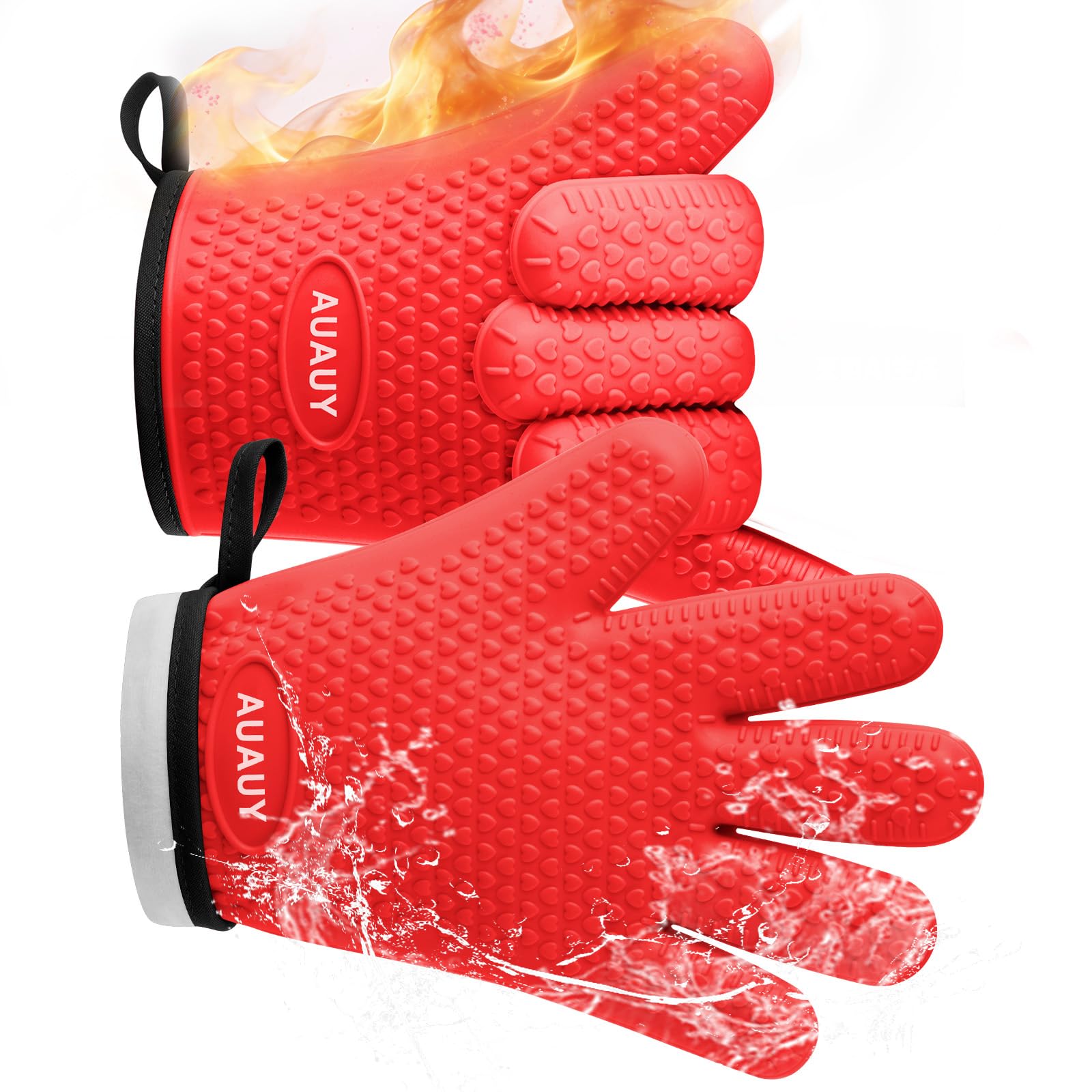 AUAUY 1 Pair Silicone Oven Gloves, Silicone & Cotton Double Layer Heat Resistant 446°F BBQ Gloves with Fingers, Non-Slip Kitchen Cooking Oven Gloves for Grilling Kitchen Baking Oven Microwave, Red