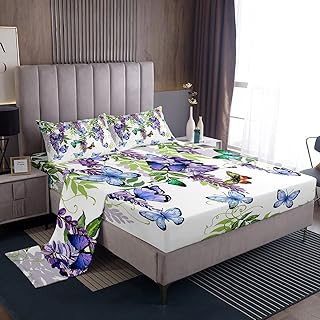 Manfei Butterfly Kids Sheet Set Full Size, Wisteria Flower Bedding Set for Boys Girls Teens Room Decor, Botanical Floral Bed Sheet Set 4pcs with Deep Pocket Fitted Sheet + Flat Sheet + 2 Pillowcases