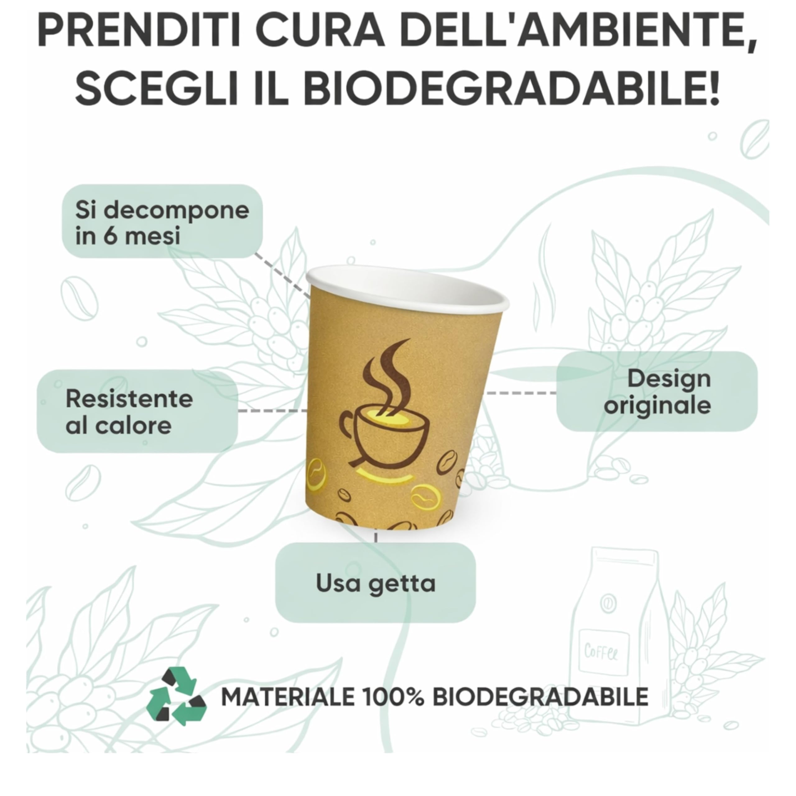 1000 Bicchieri di Carta da 120ml, Colore Avana e Grafica Caffè - Rivestimento Interno Impermeabile, Perfetti per Bevande Calde - Biodegradabile, Look Professionale - Per Bar, Ufficio, Eventi