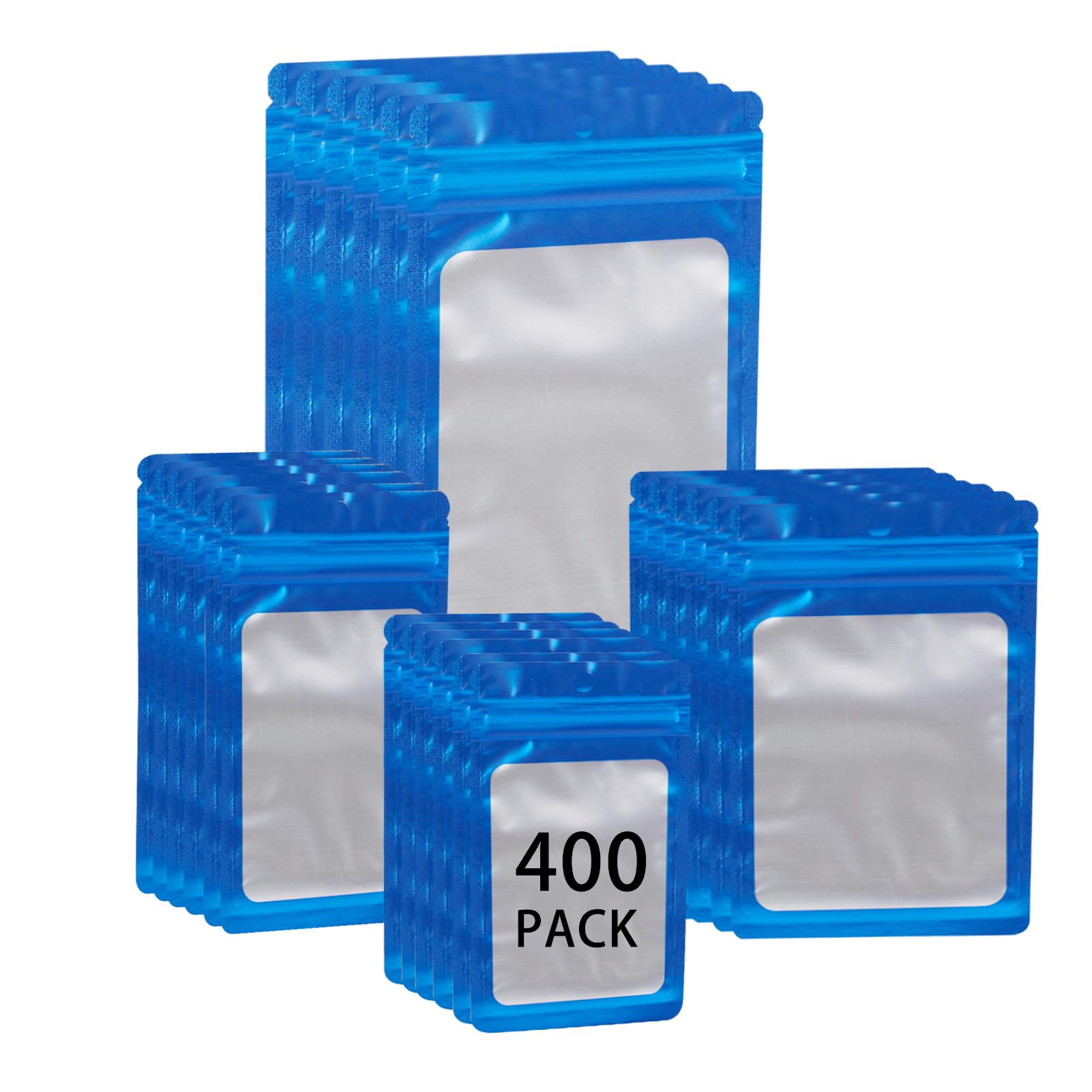 400 Pack 4 Sizes Resealable Mylar Holographic Bags Food Storage Smell Proof Bags with Front Window, Zipper Foil Packaging Pouch for Sample Jewelry