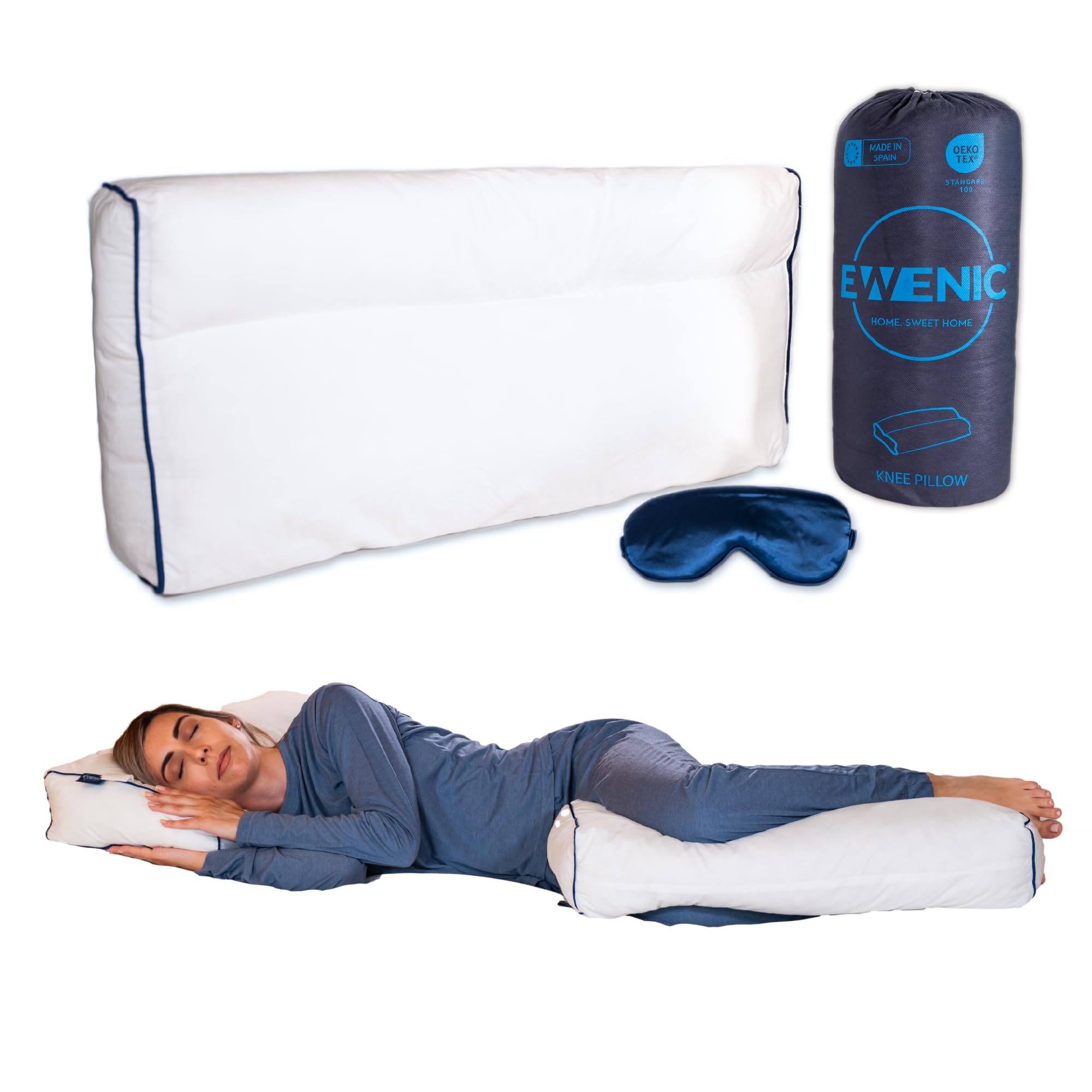 EWENIC Almohada Piernas Dormir de Lado Cojín Rodillas Ortopédico Dormir Boca Arriba Alivia Dolor de Espalda Cadera Ciática Embarazo 100% Algodón Blanco.