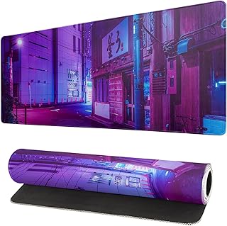 Tokyo Street Mouse Pad Gaming Japanese Neon Sign Mousepad Purple XL Large Desk Mat Non-Slip Rubber Base 31.5x11.8 Inch Stitched Edges Computer Keyboard Mouse Mat Desk Pad for Office Home and Game