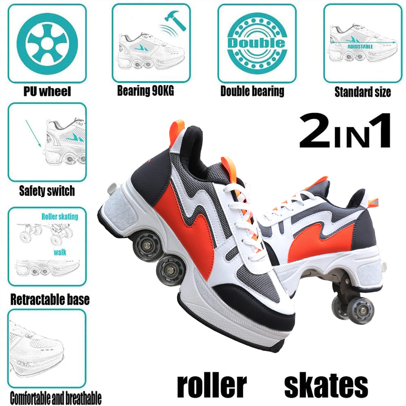 Roller Skates/2 in 1Multifunctional Roller Skates Shoese/Deformation Invisible Roller Skate Automatic Walking Shoes.Suitable for Outdoor Sports Roller Skates for Boys, Girls and Adults