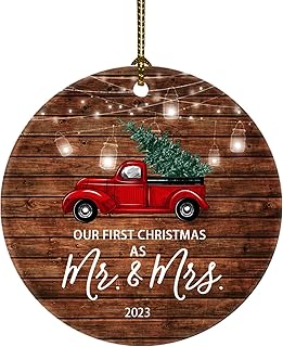 2023 Our First Christmas Just Married Truck Christmas Tree Ornament Our First Christmas as mr. and mrs. Gift for Newlywed Couple 2023 (2023 Red Car Mr Mrs)