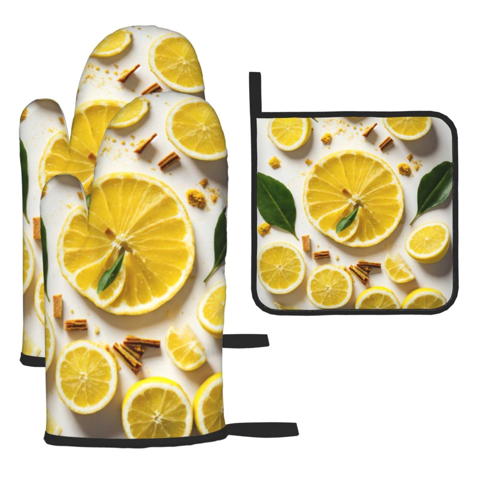 Yellow Lemon Print Oven Kitchen Gloves For Baking Outdoor Grilling Home Use Mitts Microwaving Bbq