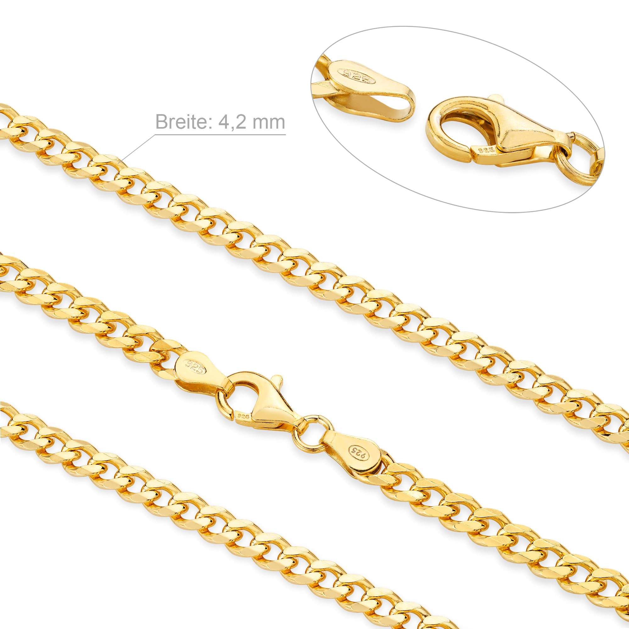 Panzerkette Herren vergoldet 925 Silber Kette 4,2 mm Goldkette LJ1042 | goldene Männer Halskette Silberkette ohne Anhänger aus 925er Sterlingsilber 24k vergoldete Länge 45 50 55 60 cm