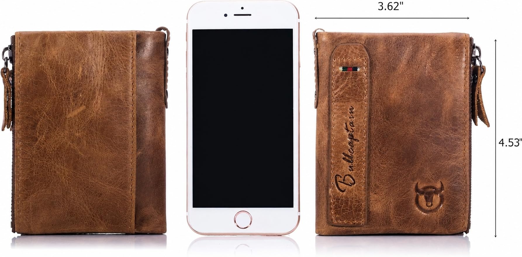 BULLCAPTAIN Portefeuille vintage en cuir véritable pour homme avec double fermeture éclair, marron, 4.7"x1.2"x3.7"(HxWxL), Décontracté