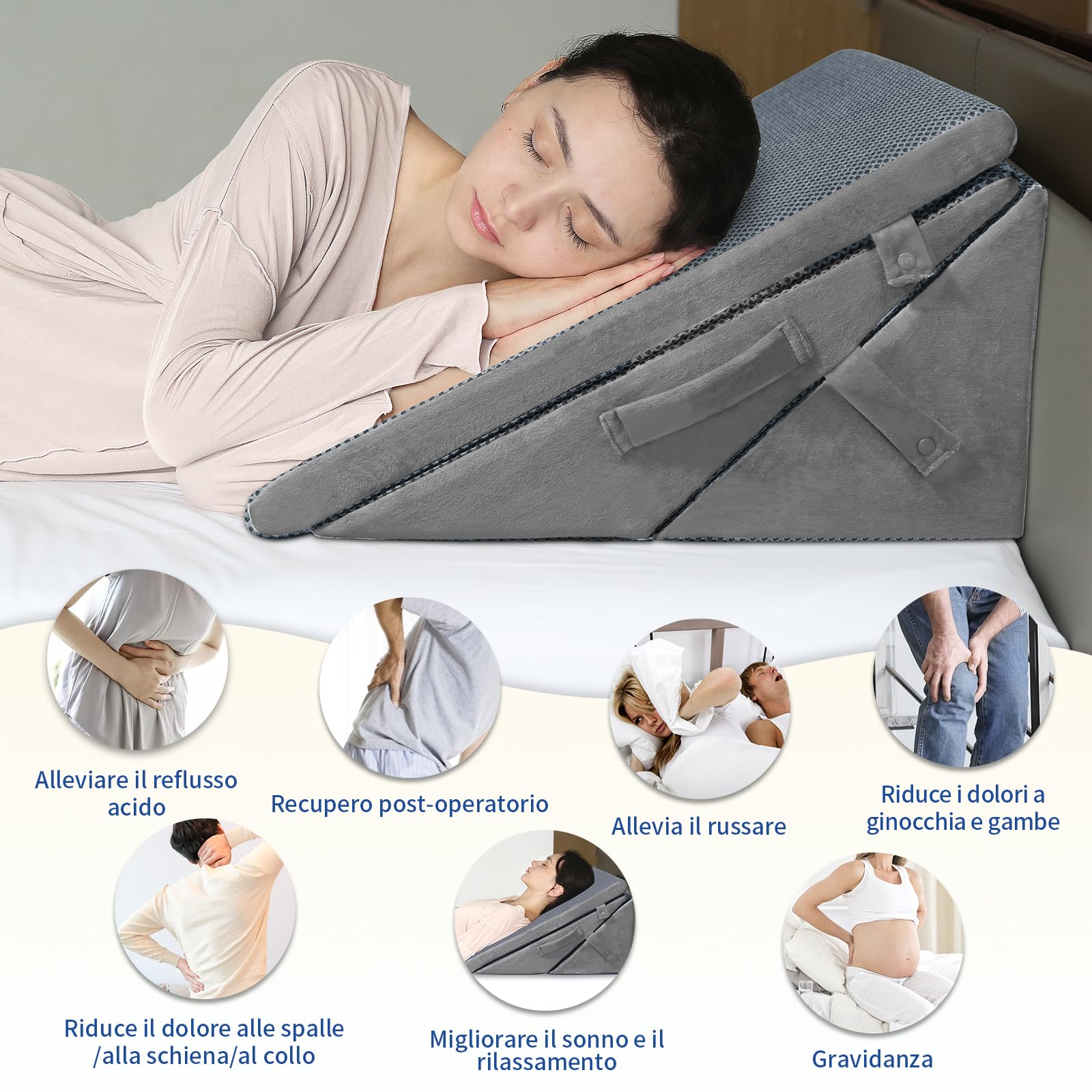 KingPavonini Cuscino a cuneo per letto, 4 altezze regolabili, Memory Foam, Ideale Dopo l'intervento Chirurgico per il Supporto di Schiena, Gambe e Ginocchia, Reflusso Acido, Bruciore di Stomaco