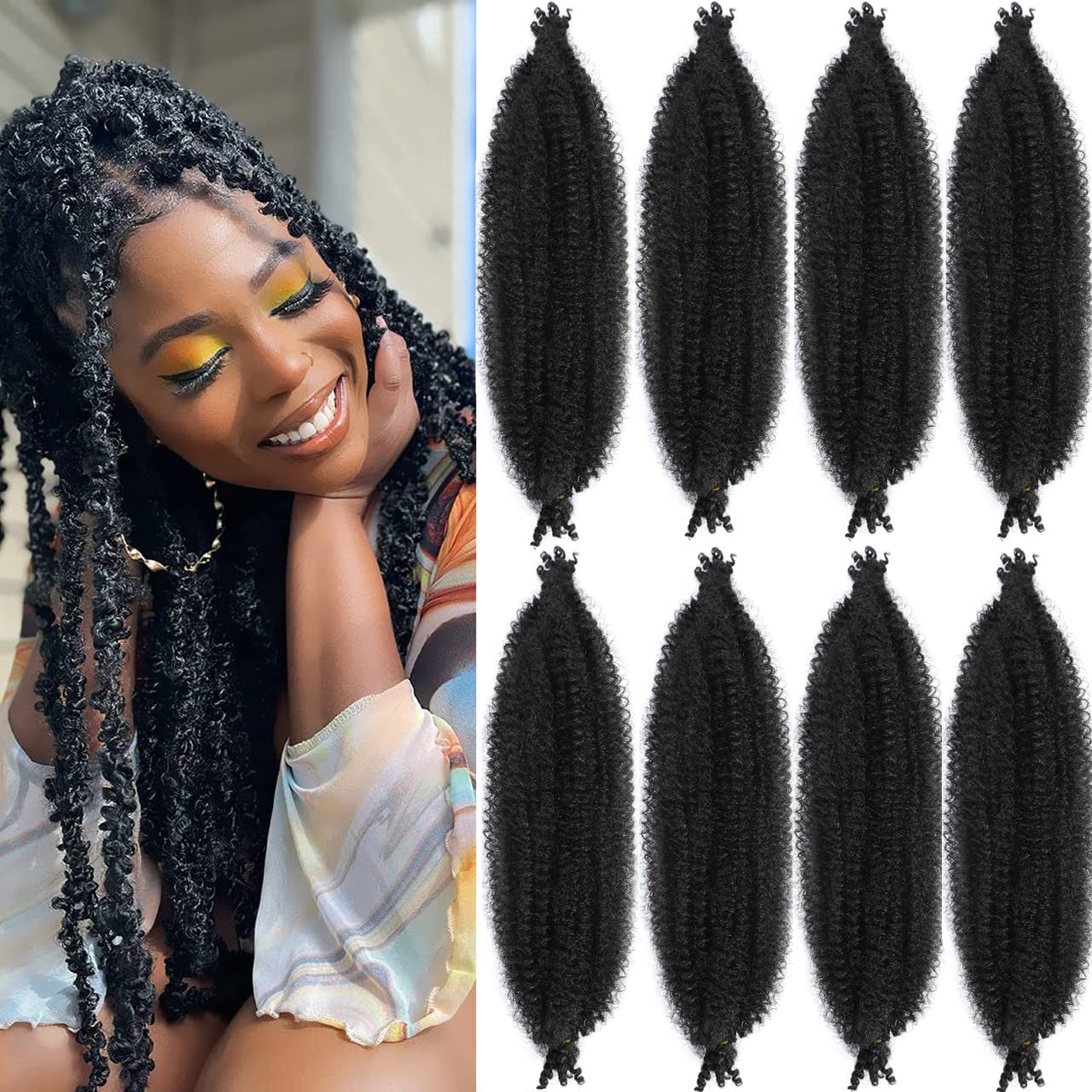 30 Inch Pre-Separated Springy Afro Twist Hair 8 Packs Black Pre-Fluffy Natural Curls are Perfect for Marley Crochet Hair Suitable for Black Women (1B#, 30 Inch (Pack of 8))