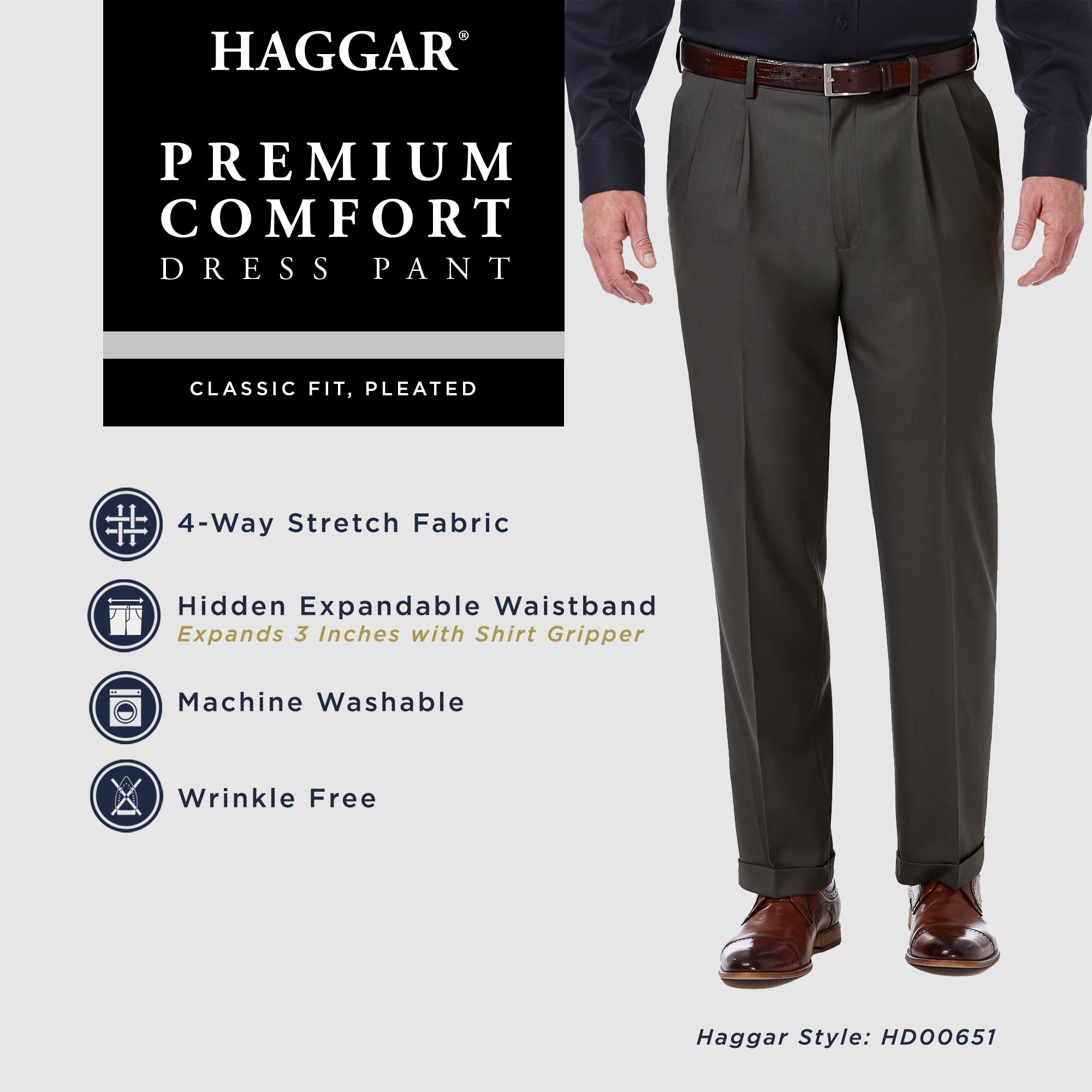 Haggar Pantaloni da Uomo, vestibilità Comoda Classica, plissettati sul Davanti (Taglie Regolari, Grandi e Alte)
