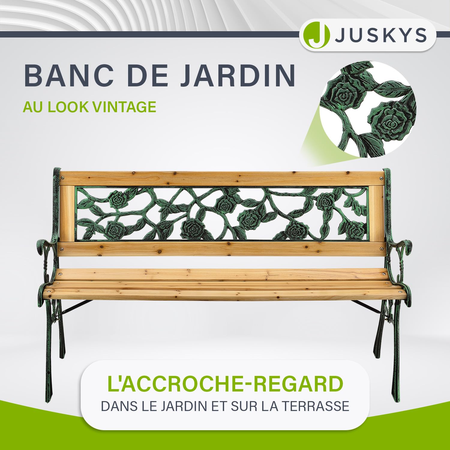 Juskys Banc de Jardin - Banc en Bois 2 Places avec accoudoirs & Dossier - Banc résistant aux intempéries 122x54x73 cm - éléments latéraux en Fonte- Naturel, Modèle Venezia