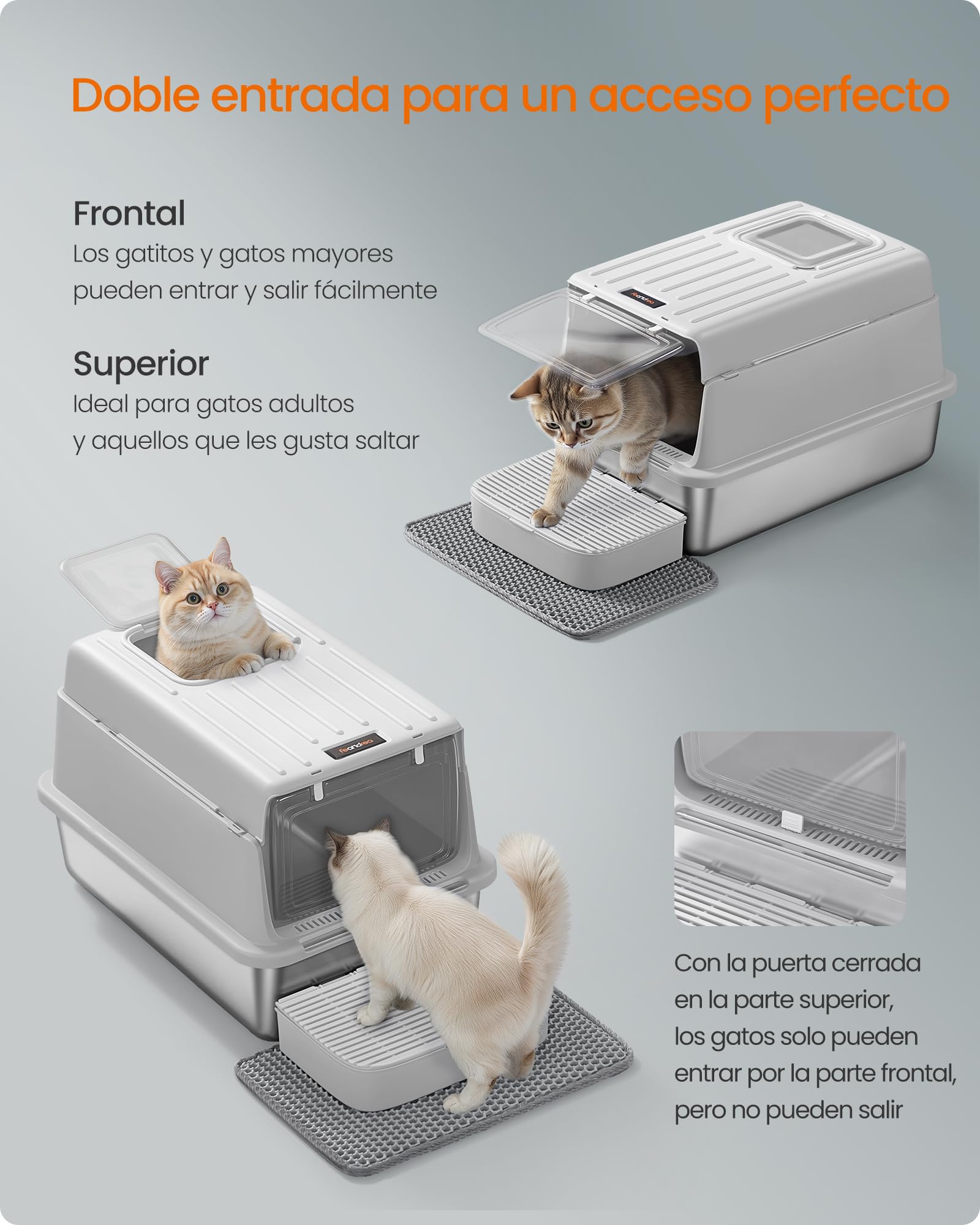 Feandrea Arenero para Gatos de Acero Inoxidable, Caja de Arena con Tapa, Incluye Pala, Alfombrilla y Dos Accesos, para Gatos de hasta 15 kg, Gris Claro PPT007GD01