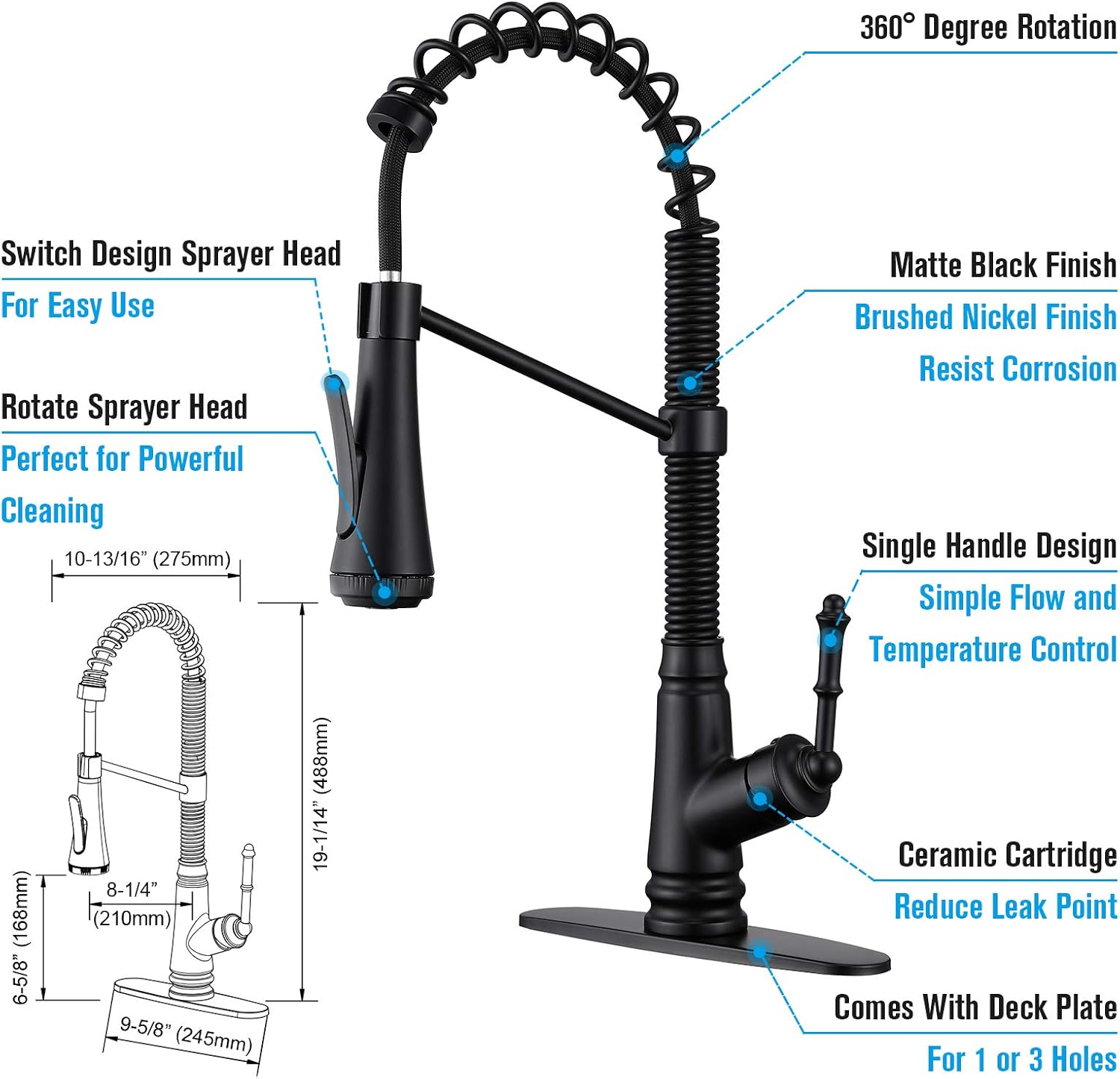 Single Level Kitchen Sink Faucet with Pull Down Sprayer, Single Handle Pull Out Kitchen Faucet, Matte Black
