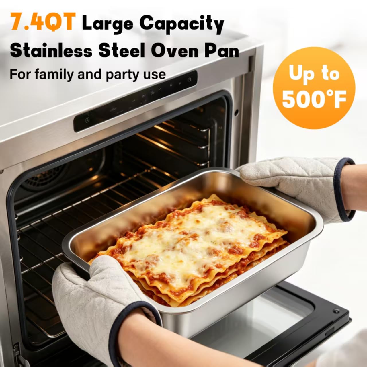 Deep Lasagna Pan with Lid - 7.4QT Stainless Steel -3