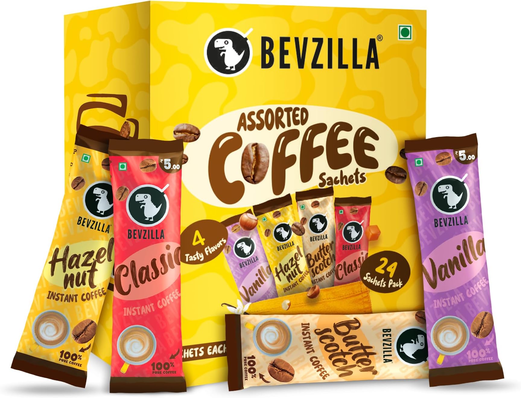 Bevzilla 24 Assorted Instant Coffee Sachets | 24x2Gm Pouches | Arabica Coffee | 4 Flavours: Butterscotch, Classic, Vanilla, Hazelnut | Perfact for Espresso, Latte & Cappucino