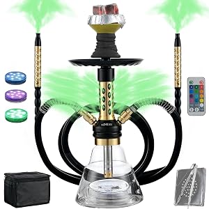 Hookah Set with Everything Upgraded 2 Hose Shisha With Portable Travel Bag LED Light Ceramic Bowl Tongs Mouth