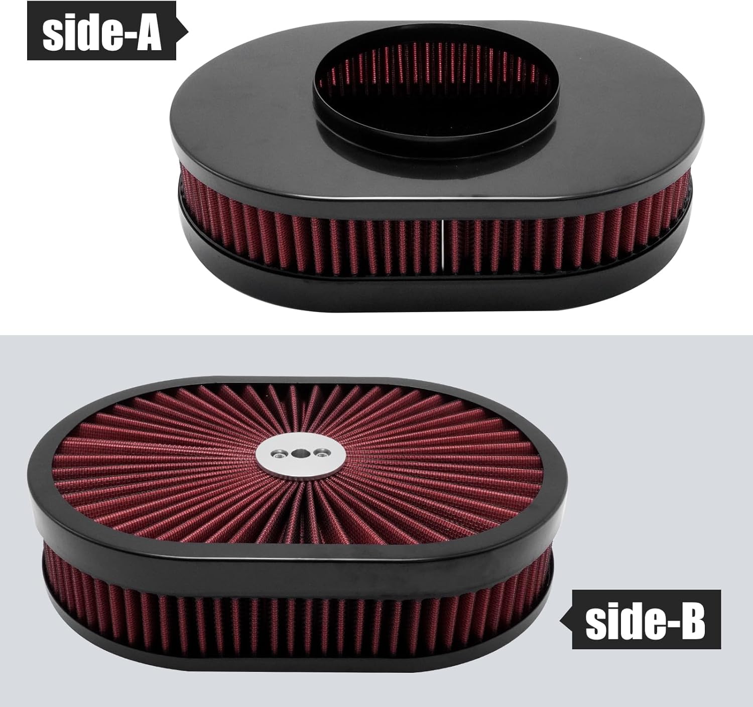 VIKKSAER Red 12"x2" Oval Air Cleaner Filter Assembly, 5-1/8" Carb Neck w/Flow-Thru Lid High Flow Chrome, Replacement for GMC Replacement for Chevy