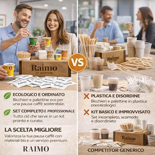 Kit 1800 Accessori Caffè Completo - 600 Bicchierini Carta Biodegradabili 75 ml + 600 Palettine in Legno Monouso + 600 Bustine di Zucchero Extra Fine, Set Pausa Caffè per Casa, Ufficio ed Eventi - 4