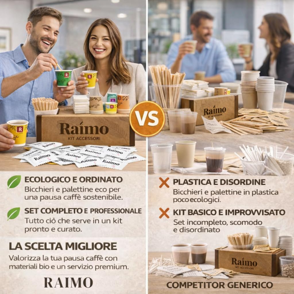 Kit 1800 Accessori Caffè Completo - 600 Bicchierini Carta Biodegradabili 75 ml + 600 Palettine in Legno Monouso + 600 Bustine di Zucchero Extra Fine, Set Pausa Caffè per Casa, Ufficio ed Eventi
