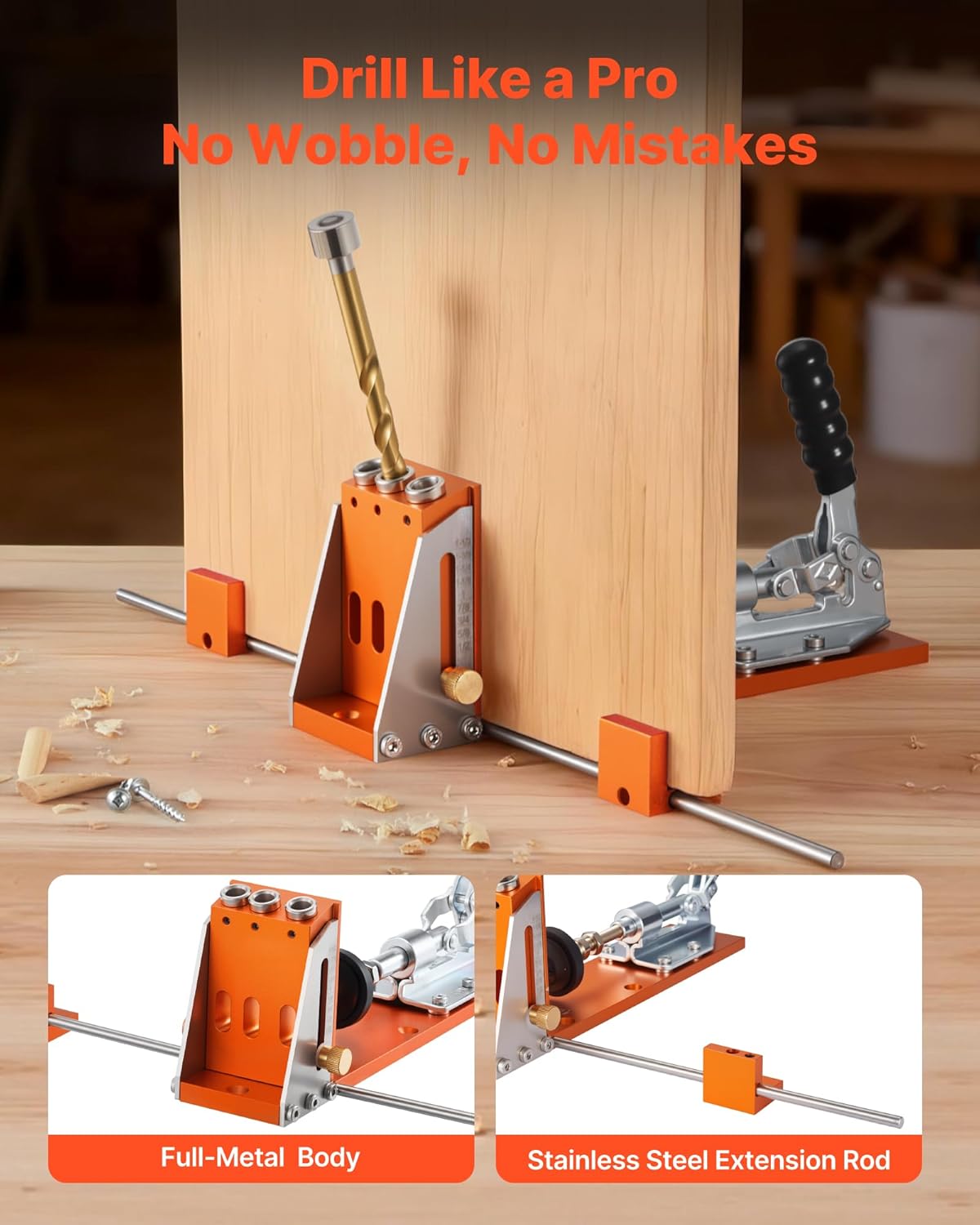 VEVOR Pocket Hole Jig Kit, 1/2 to 1-1/2 in Adjustable, Jig Pocket Hole System with Toolcase, C-Clamp, Step Drill, Hex Wrench, Drill Stop Ring, Square Drive Bit, Reinforced Metal Frame, for Woodworking