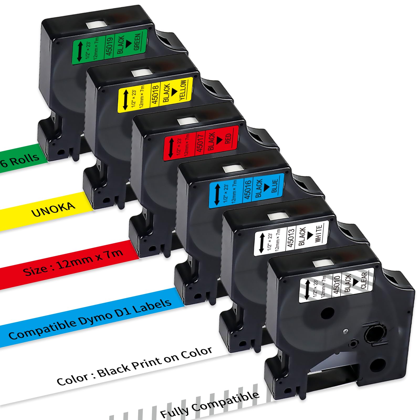 6X UNOKA Compatibel with Dymo D1 Label Tape, 12mm x 7m Muticolour Tape, Replacement for Dymo Labelmanager 160 280 210D 360D 500TS, LW 450 Duo Label Maker, Black on Clear/White/Red/Blue/Yellow/Green
