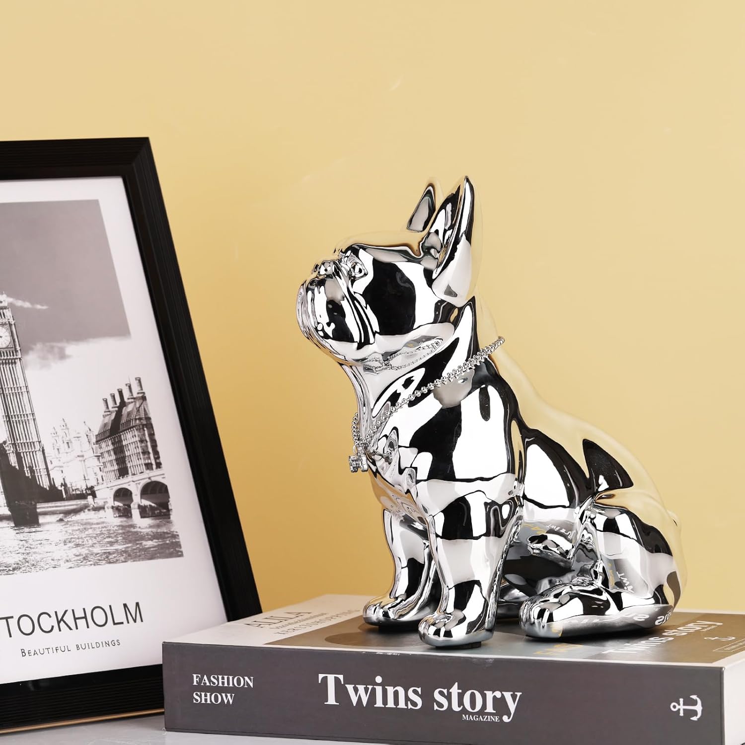 9in French Bulldog Statue, Bulldog Sculpture Decor, Resin Dog Animal Sculpture with Silver Necklace Animal Statues for Home Decor for Room, TV Stand, Bedroom, Shelves, and Desktop (9in,Silver)