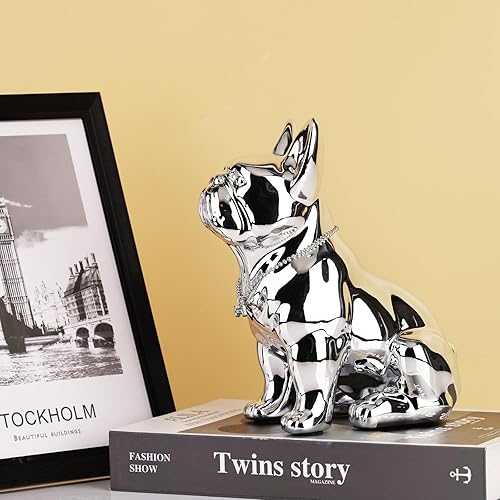 Miniatura 62 de Estatua de bulldog francés sentado de 9 a 12 pulgadas, escultura de animal de perro con collar de plata, collar de plata, mesa de café, cocina