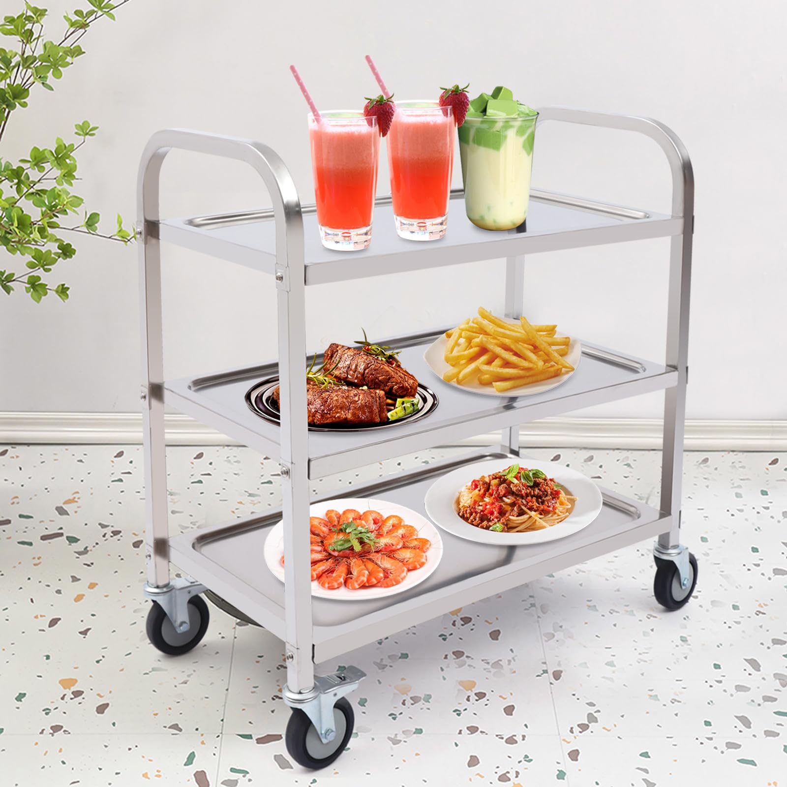 Carrello di Servizio in Acciaio Inox con 3 Bordi, Carrello da Cucina su Ruote con Freno di stazionamento e 4 rotelle, Carrello Commerciale per la ristorazione, 85 x 45 x 90 cm