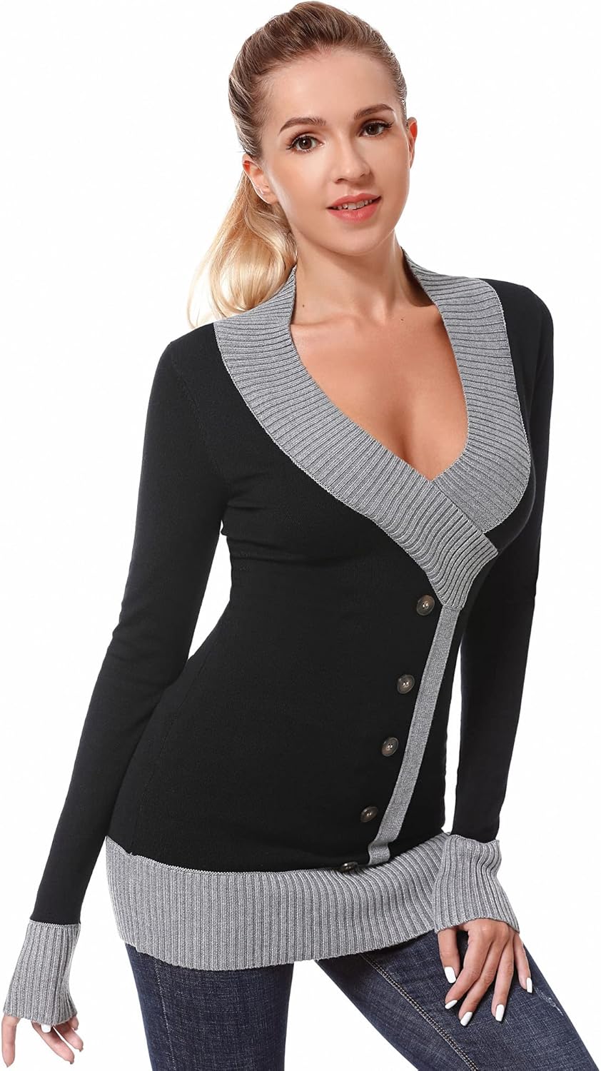 AmélieBoutik Women V Neck Faux Wrap Color Trim Sweater Tunic Top - Image 3