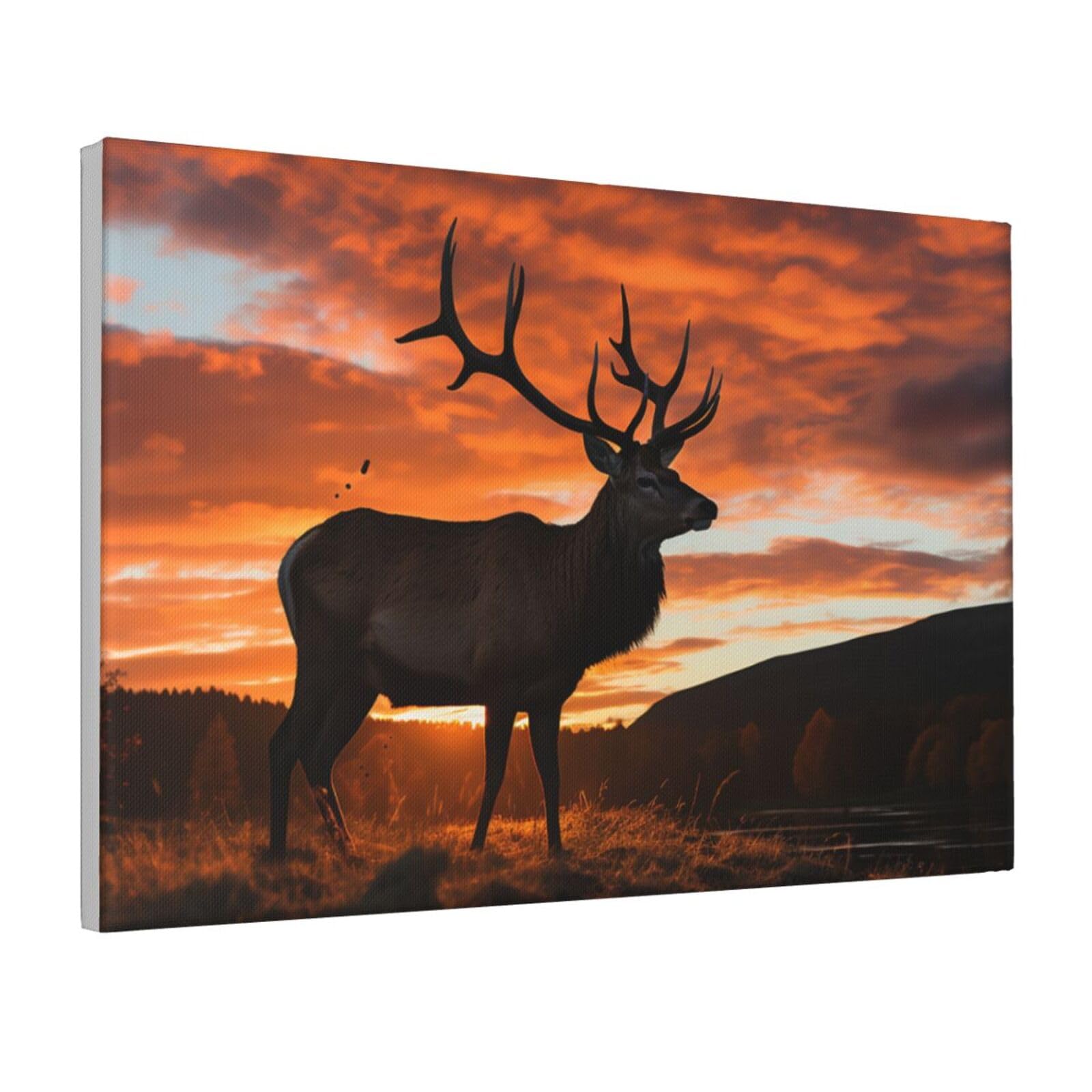 Framed Wall Art for Living Room Art Work, Red Deer Bull Elk Sunset Picture Prints Modern Office Wall Paintings Poster Aesthetic Wall Decorations for Home Decor Ready To Hang 12"x18"