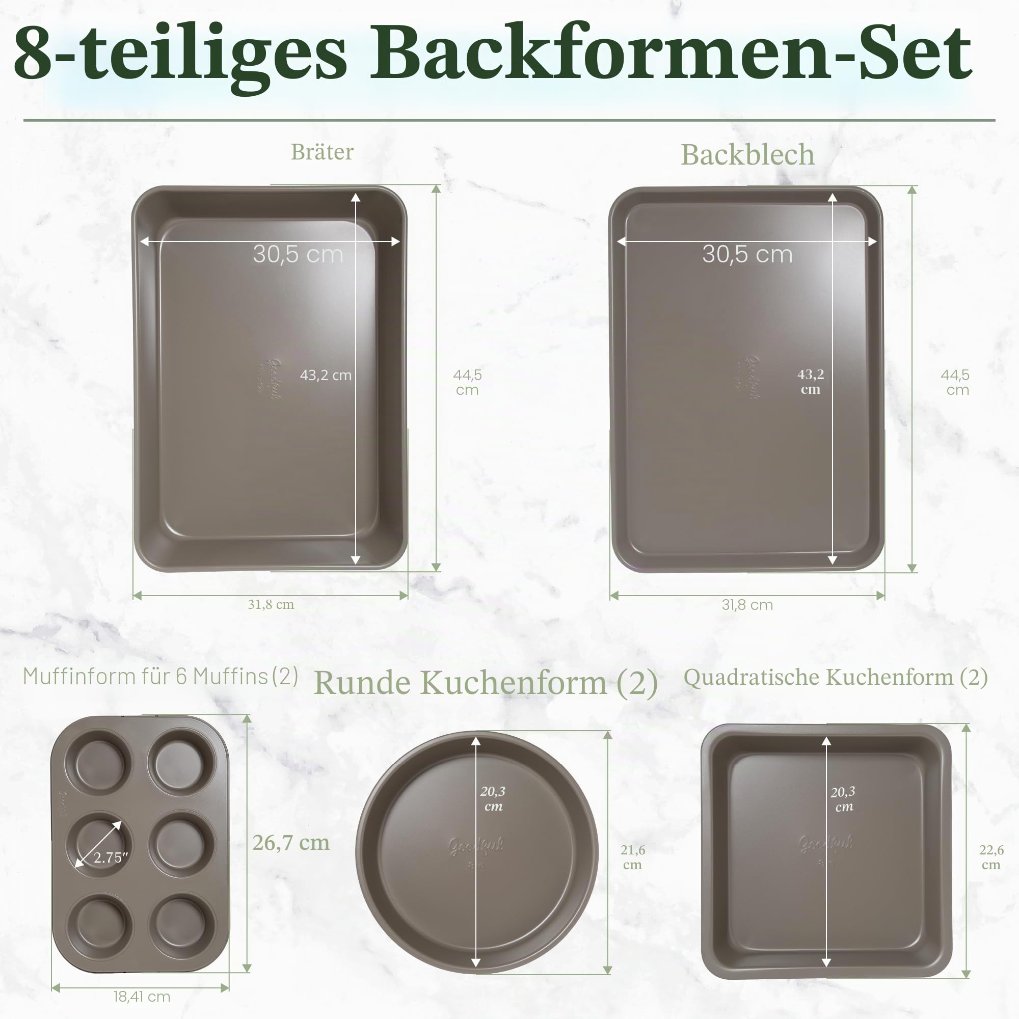 Goodful All-in-One Antihaft-Backformen-Set, stapelbares und platzsparendes Design, bestehend aus runden und quadratischen Pfannen, Muffinformen, Backblech und Bräter, spülmaschinenfest, 8-teilig,