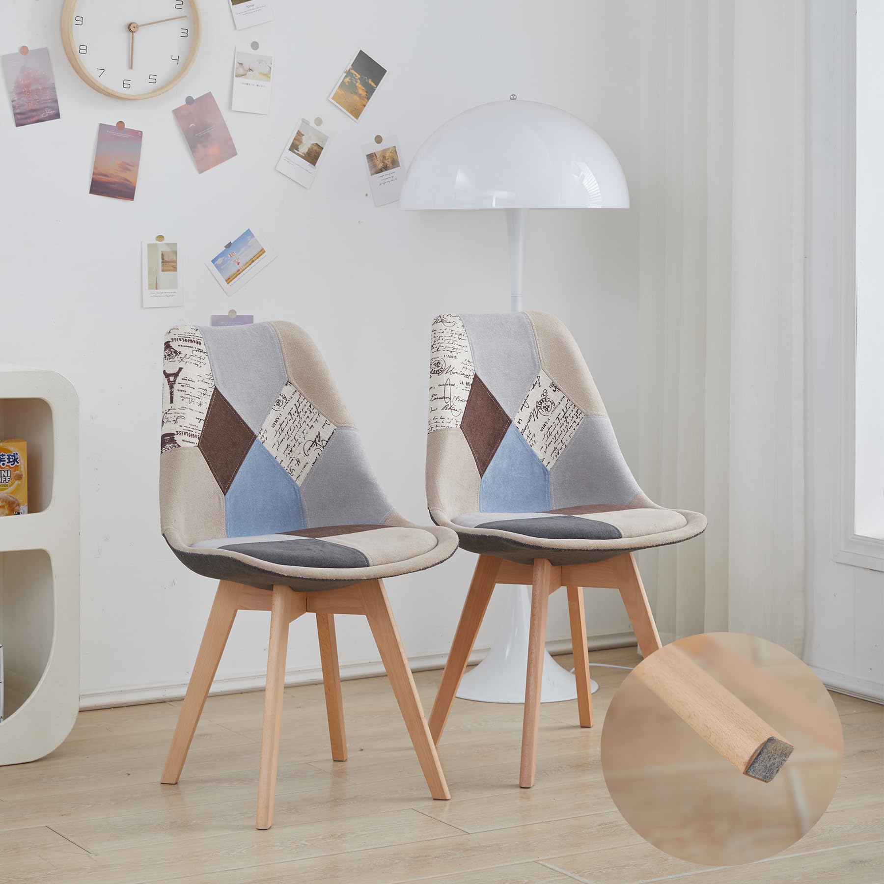 HJhomeheart Set di 2 sedie da pranzo in tessuto patchwork con cuscino del sedile e gambe in legno massello per sala da pranzo, soggiorno, cucina, ecc. (Marrone patchwork)