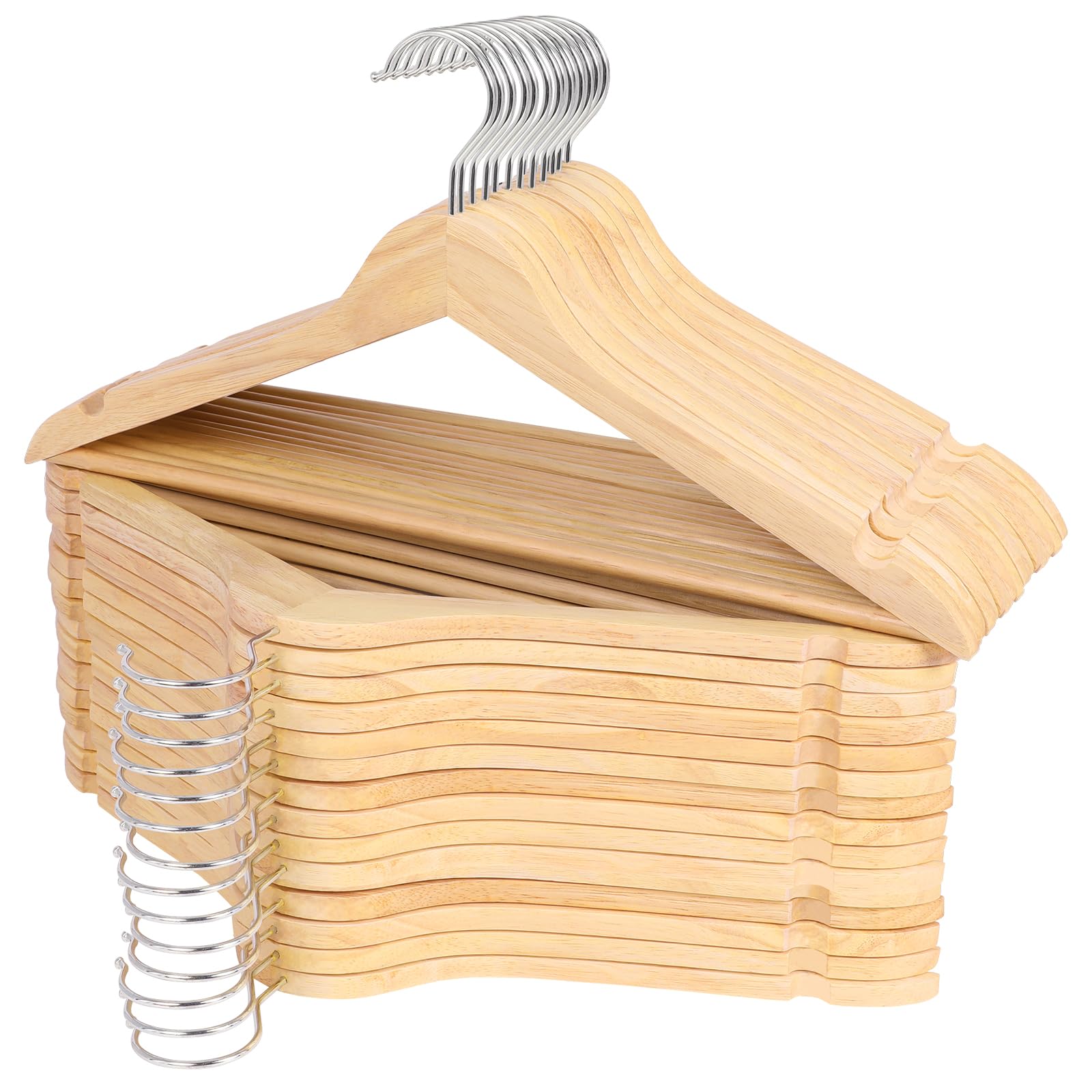 Solid Wood Hangers - 30 Pack with 360 Swivel Chrome Hook, Smooth Finish & Precisely Cut Notches, Slim Wooden Coat Hangers for Closet, Natural