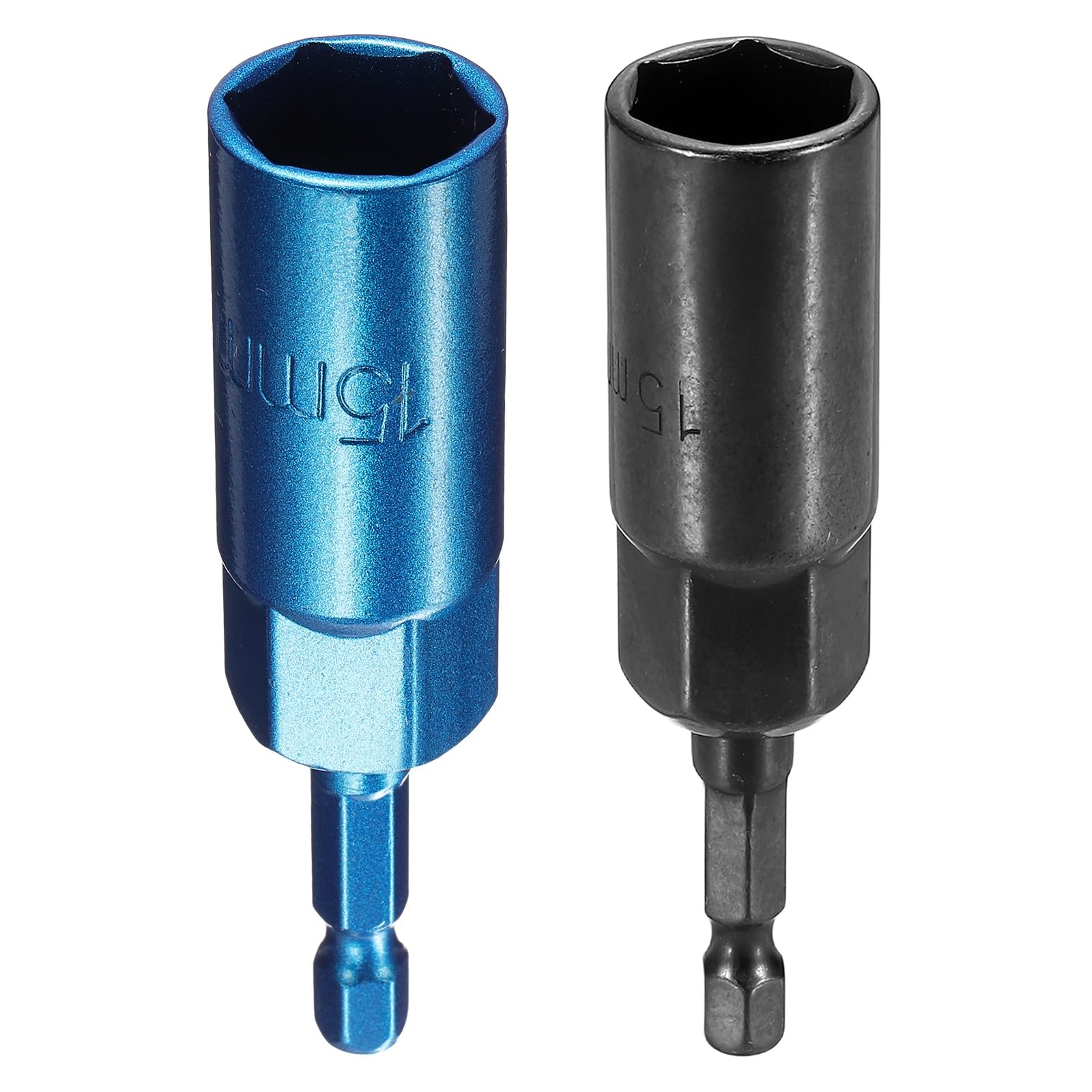 sourcing map 2pcs Nut Driver Drill Bit 15mm Metric Socket 1/4" Hex Shank 3.15" (80mm) Extra Long 6-Point Sockets Quick Change Cr-V Steel Bolt Setters for Power Drill Drivers, Black/Blue