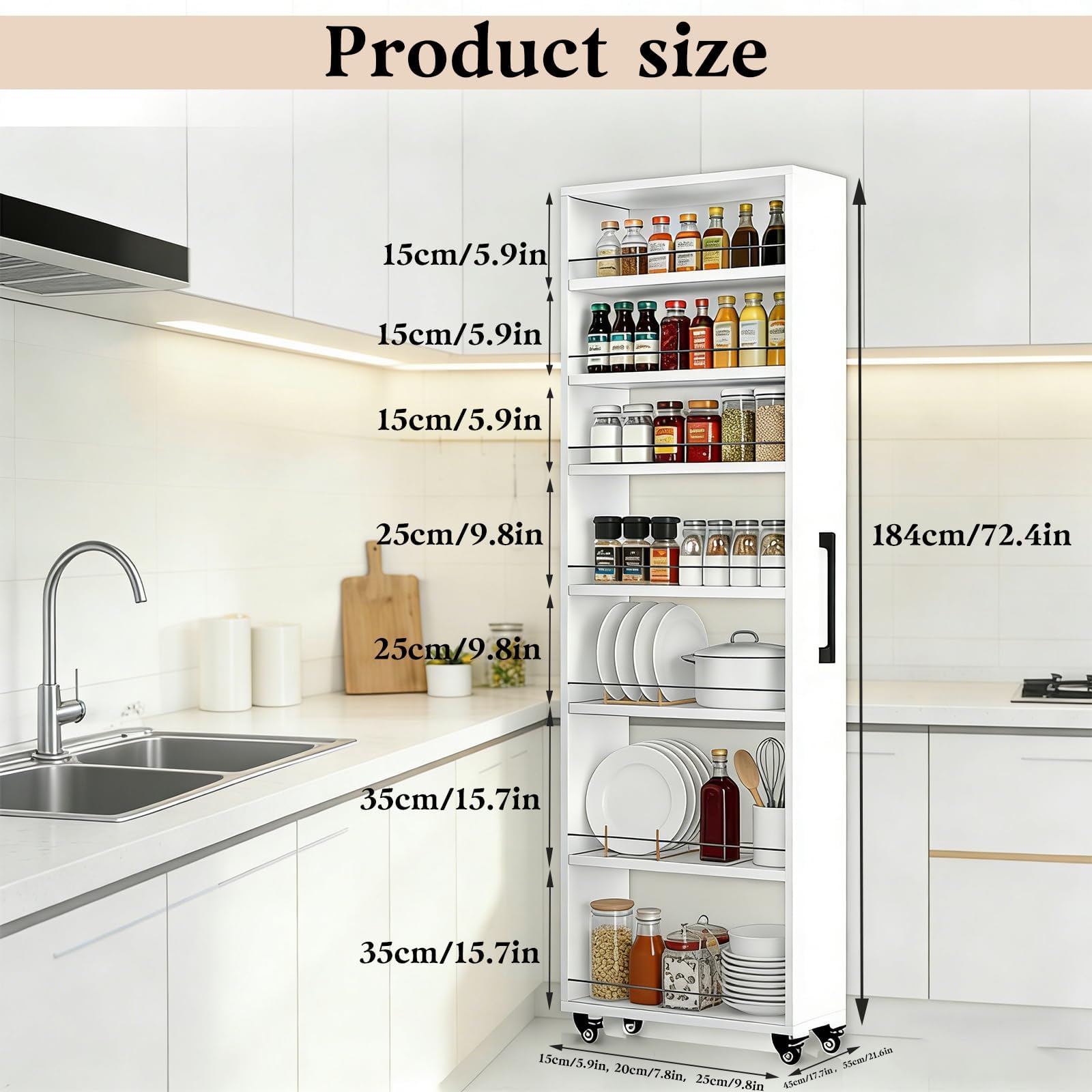 Estantes delgados independientes de 7 niveles, carrito de cocina rodante con asa y ruedas, junto al refrigerador, carrito estrecho para espacios pequeños, lavandería, comedor, mesa auxiliar