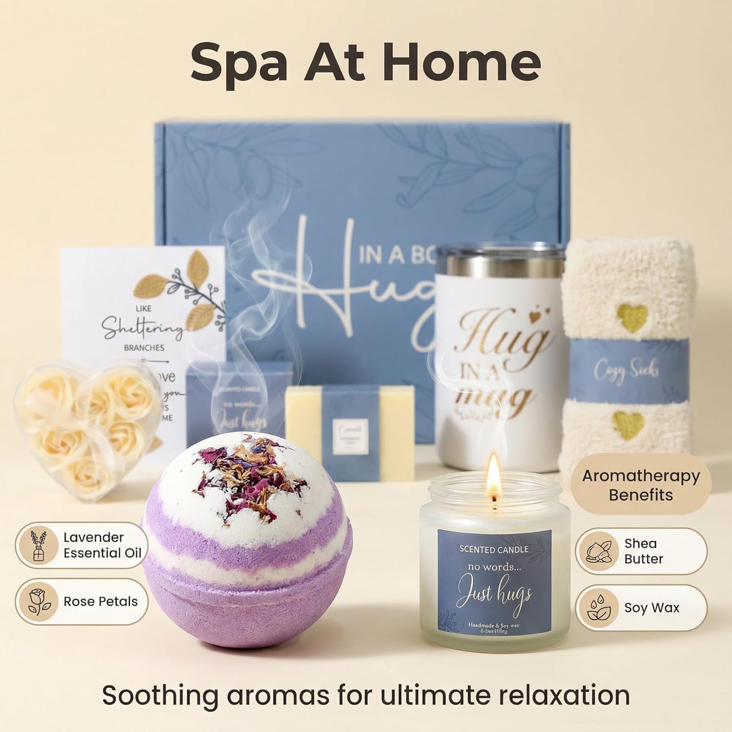 7 Piece Luxury Bath & Body Gift Set for Women: Hug in a Box Relaxing Home Spa Kit, with Insulated Mug, Scented Candle & Bath Bomb, Self Care Gift for Birthday