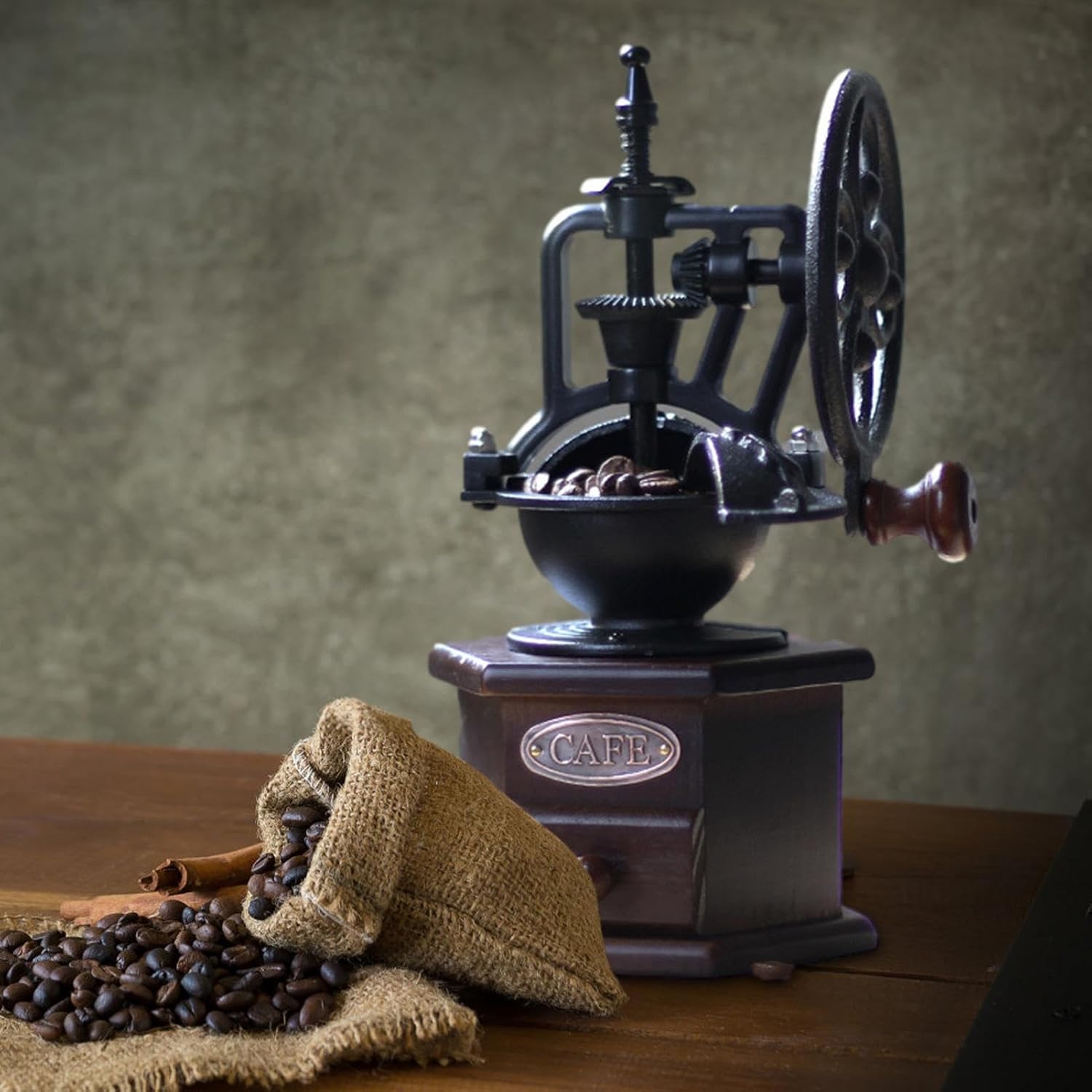 Antique Hand Crank Coffee Grinder - Vintage Style Wooden Manual Mill with Polygonal Adjuster Ceramic Core Cast Iron | for Spices Nuts to Improve Flavor Acidity Finish Home Decor