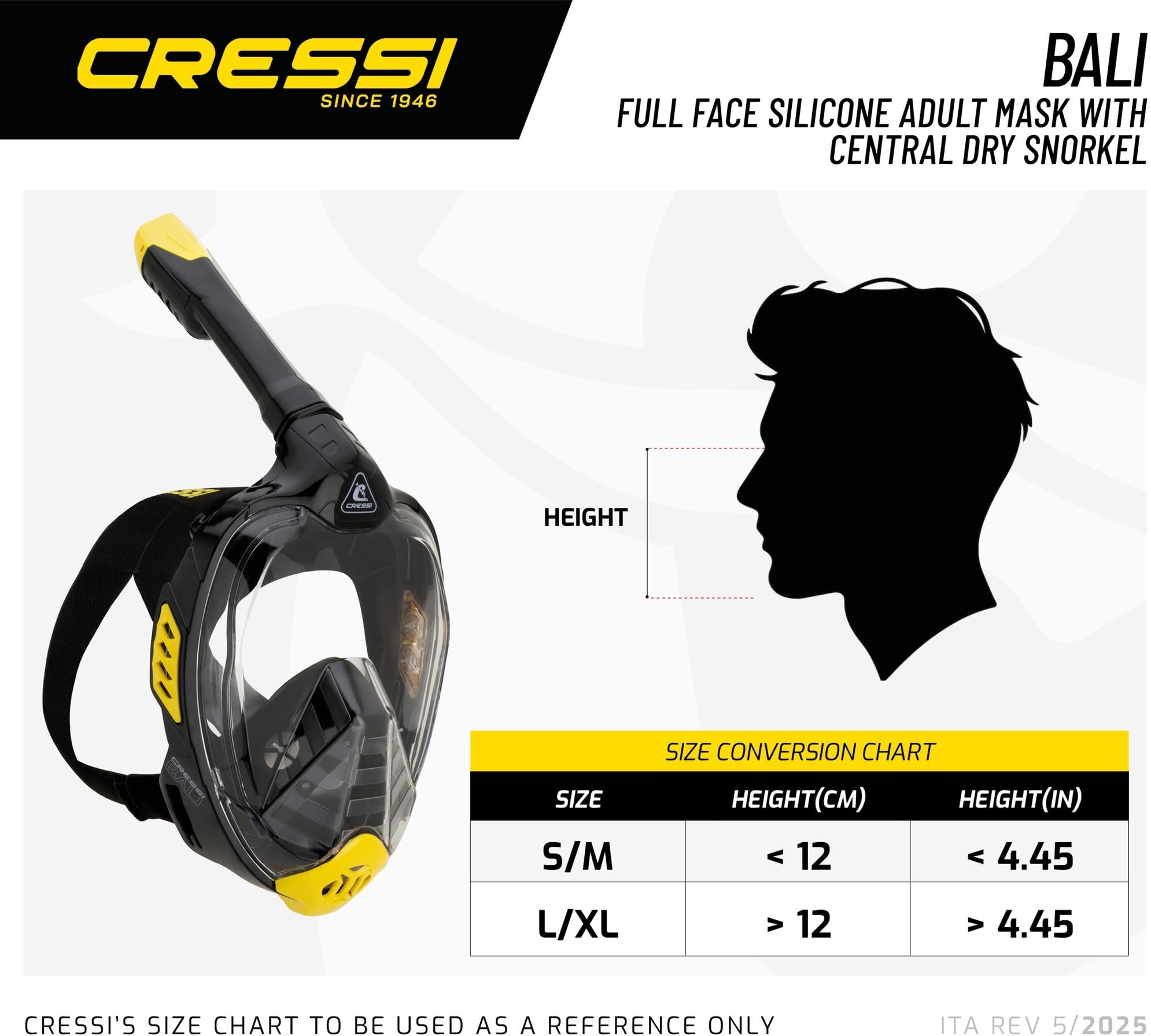 CRESSI Bali Full Face Mask-Masque Intégral de Plongée en Apnée pour Adulte, Large Vue Dégagée, Système Anti Buée, Respiration Facile Sécurité Avant Tout
