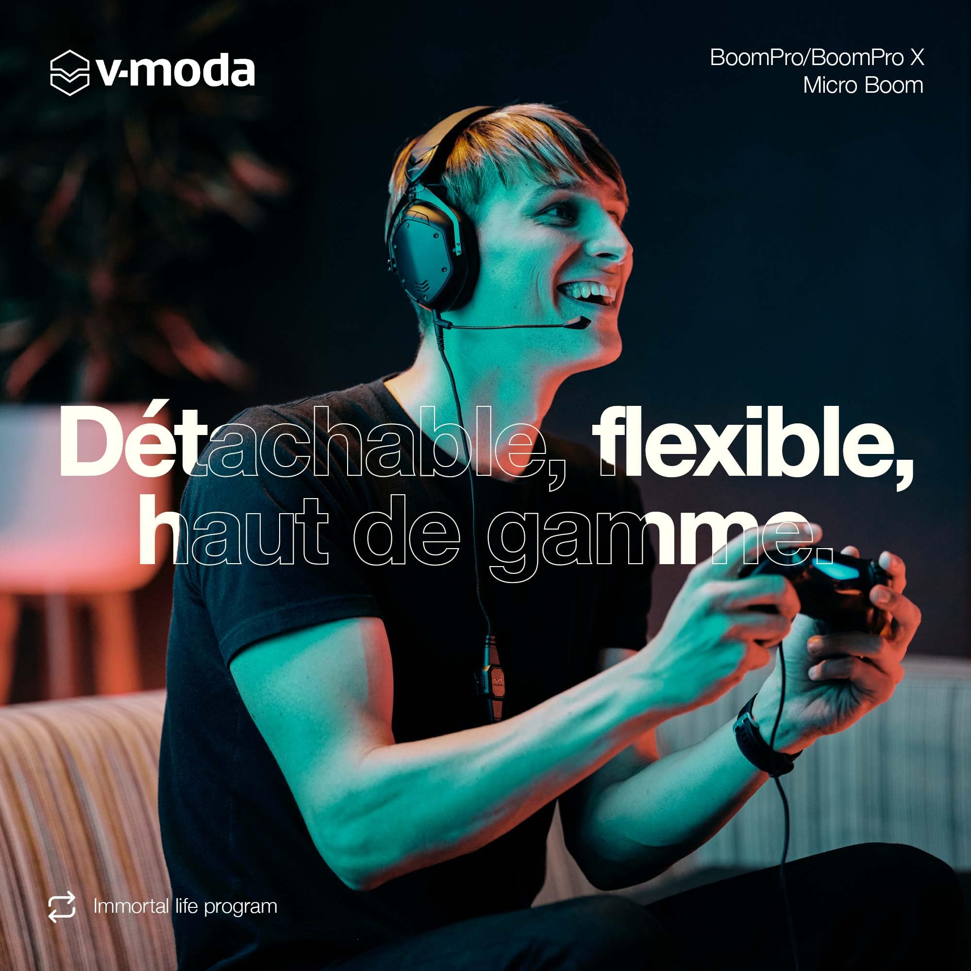 V-Moda Micro BoomPro pour Gaming & Communications | Filaire - Jack 3,5 mm | Perchette Flexible | Contrôleur clipsable avec Bouton Mute & molette de Volume | Noir