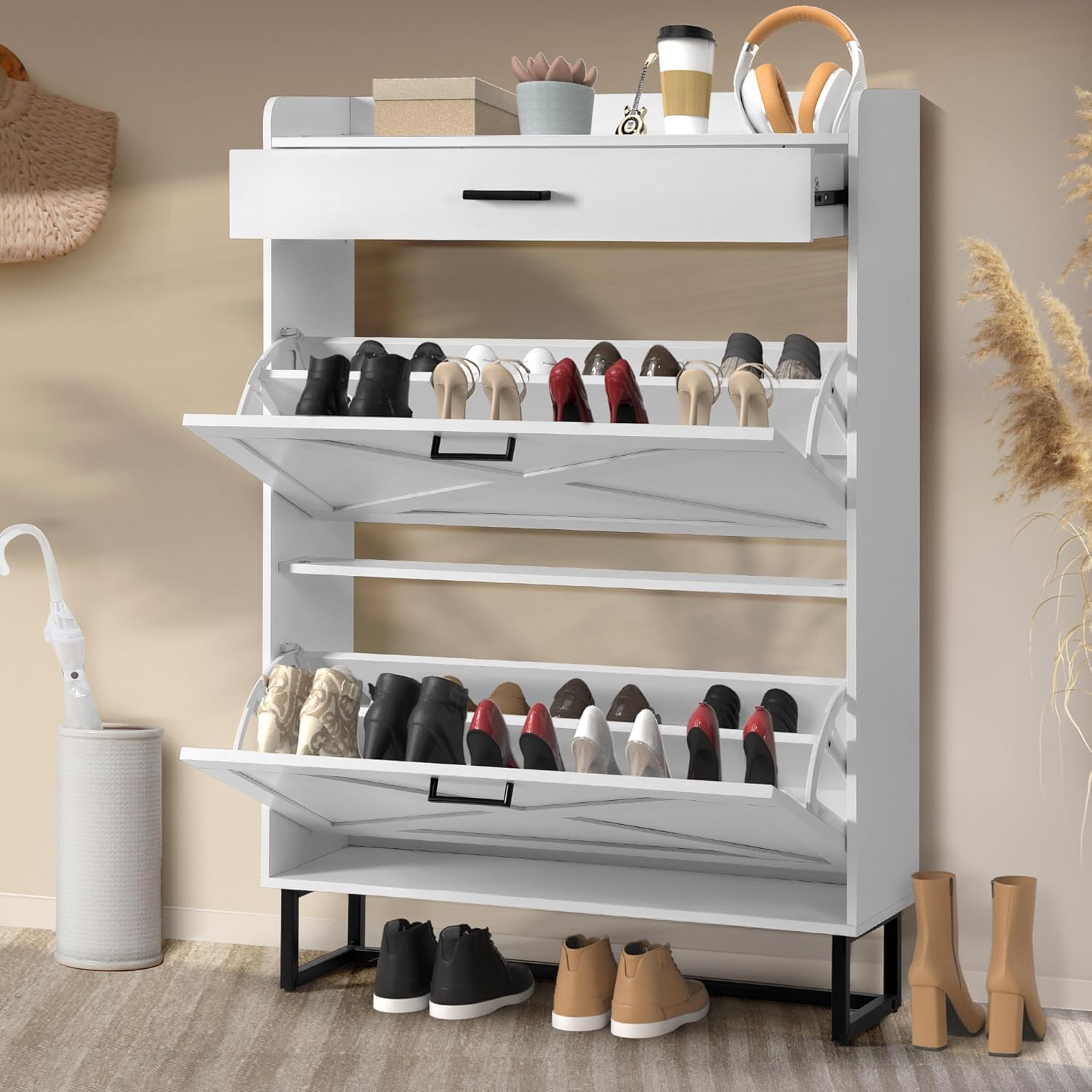 Shoe Cabinet with 2 Flip Drawers, Freestanding Shoe Cabinet Organizer with Metal Legs, Wood Shoe Storage Cabinet for Entryway, Narrow Shoe Rack, White