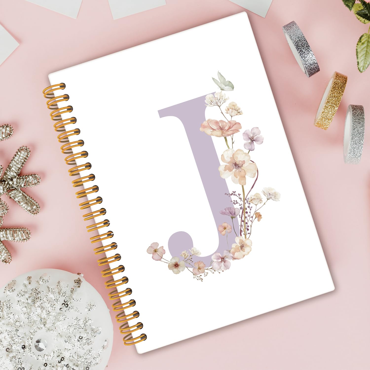 Cuaderno de letra J con inicial J, regalos con monograma para mujeres, cuadernos personalizados para escribir, bonitos blocs de notas personalizados para mujeres, cuadernos florales de tapa